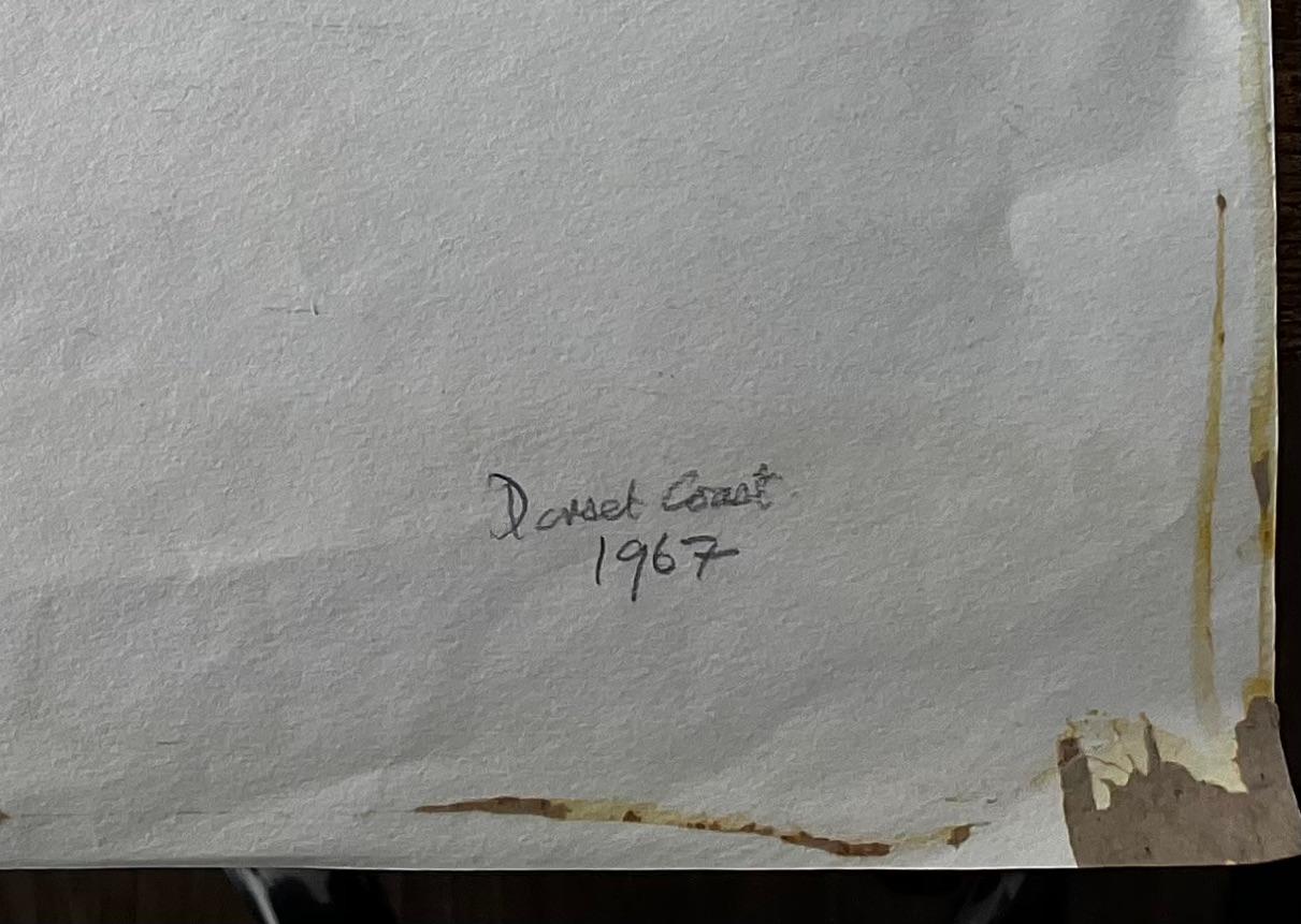 Pots à homards et filets de pêche sur la côte du Dorset 1967 Scène aquarelle côtière en vente 5