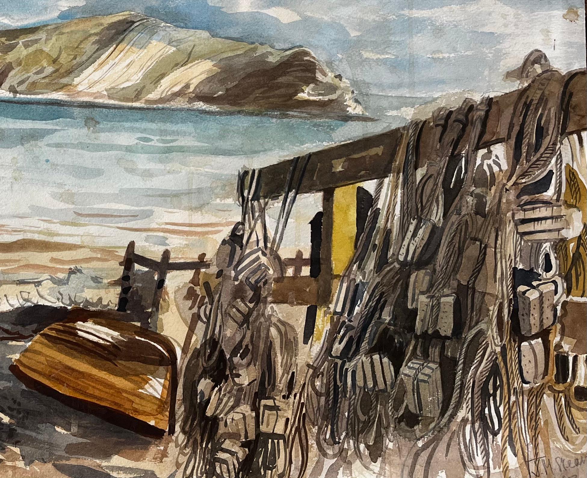 Pots à homards et filets de pêche sur la côte du Dorset 1967 Scène aquarelle côtière - Art de John Steane (b.1931)