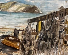 Lobster Pots and Fishing Nets on Dorset Coastline 1967 Coastal Watercolour Scene