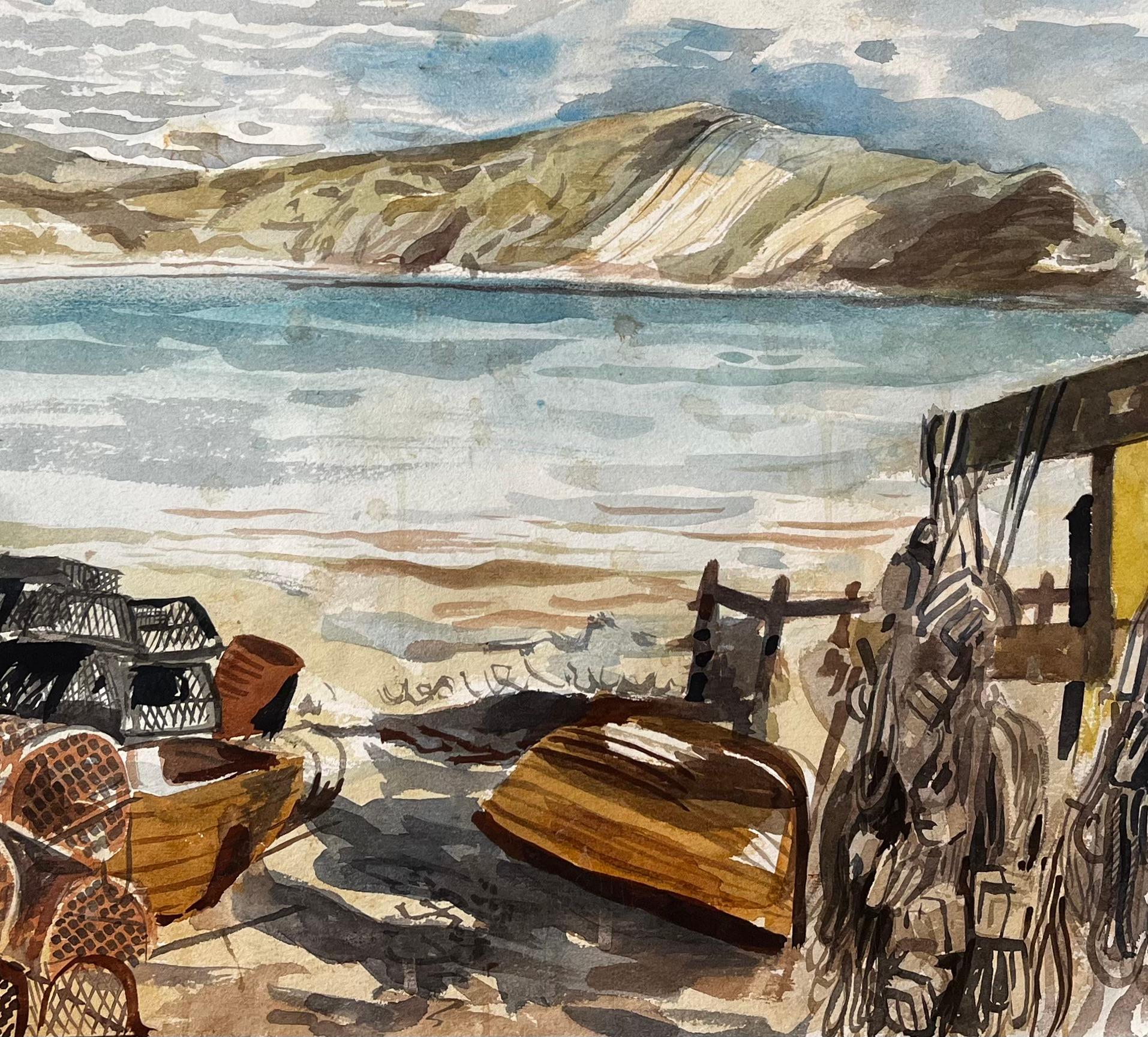 Pots à homards et filets de pêche sur la côte du Dorset 1967 Scène aquarelle côtière - Impressionnisme Art par John Steane (b.1931)
