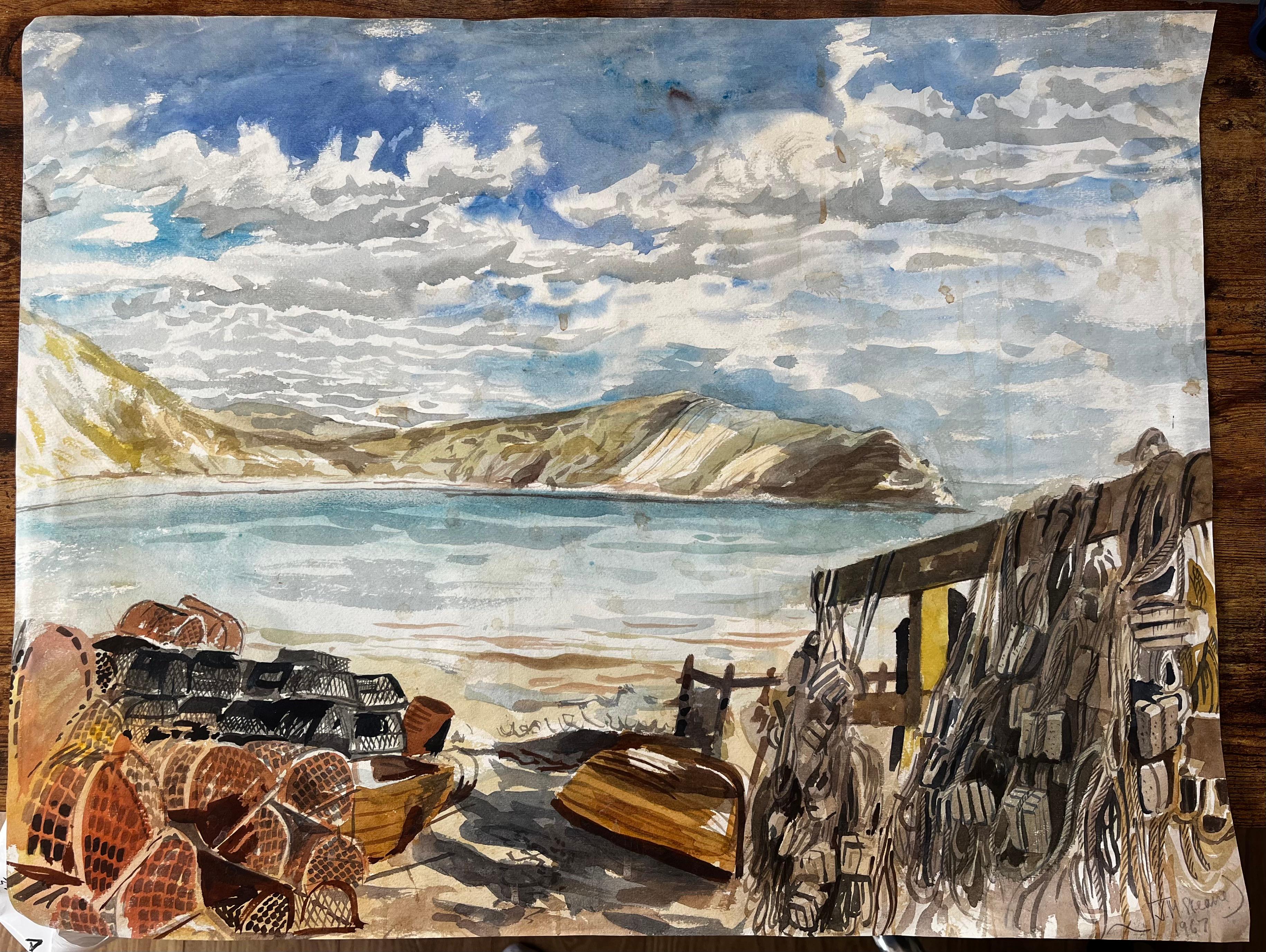 Pots à homards et filets de pêche sur la côte du Dorset 1967 Scène aquarelle côtière - Gris Landscape Art par John Steane (b.1931)