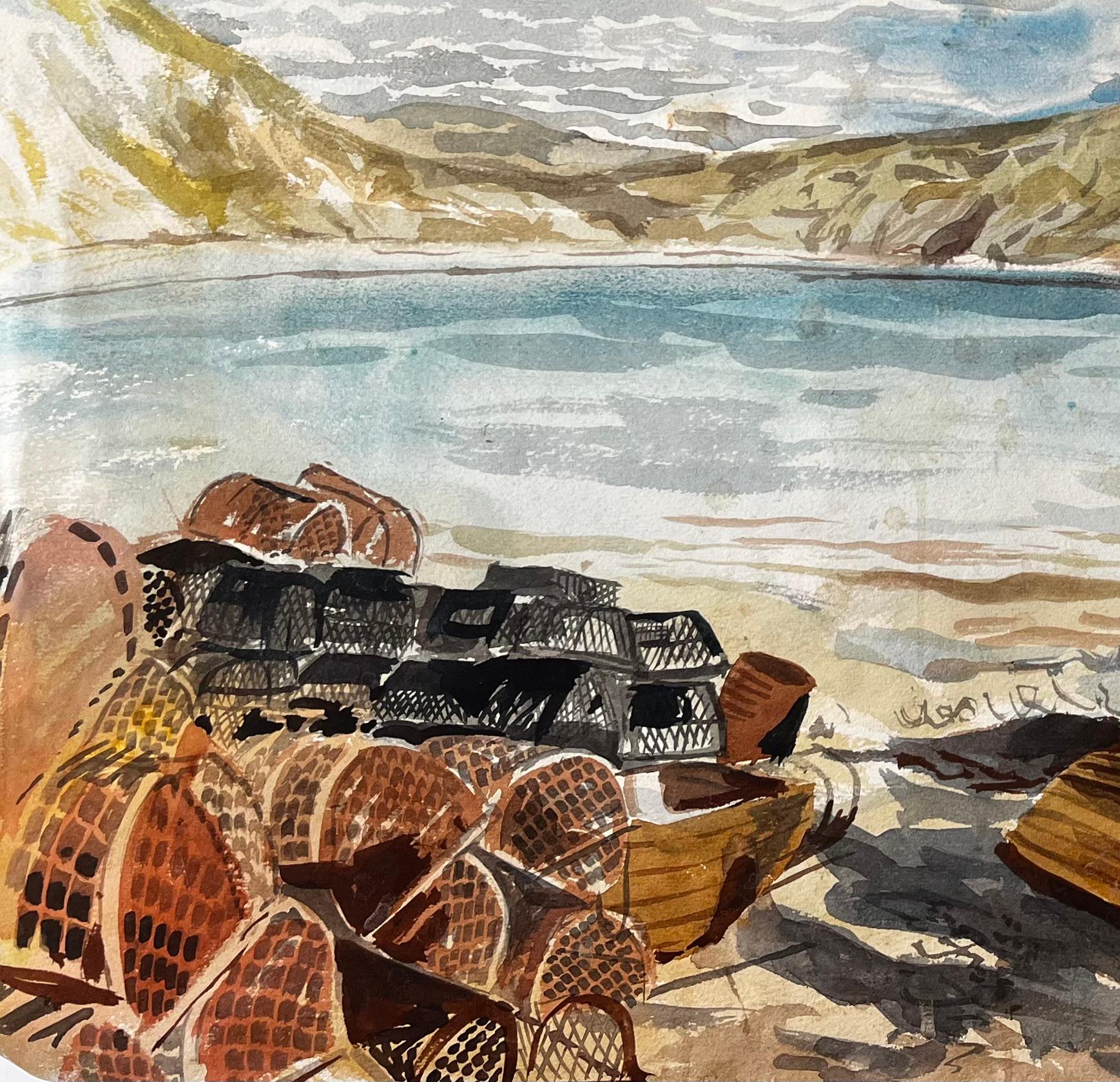 Titre : Pots à homards et filets de pêche sur la côte du Dorset 1967 Scène aquarelle côtière
de John Steane (né en 1931)
Signé : En bas à droite
Taille : 21,25 pouces (hauteur) x 27,75 pouces (largeur)
Inscription au verso : 