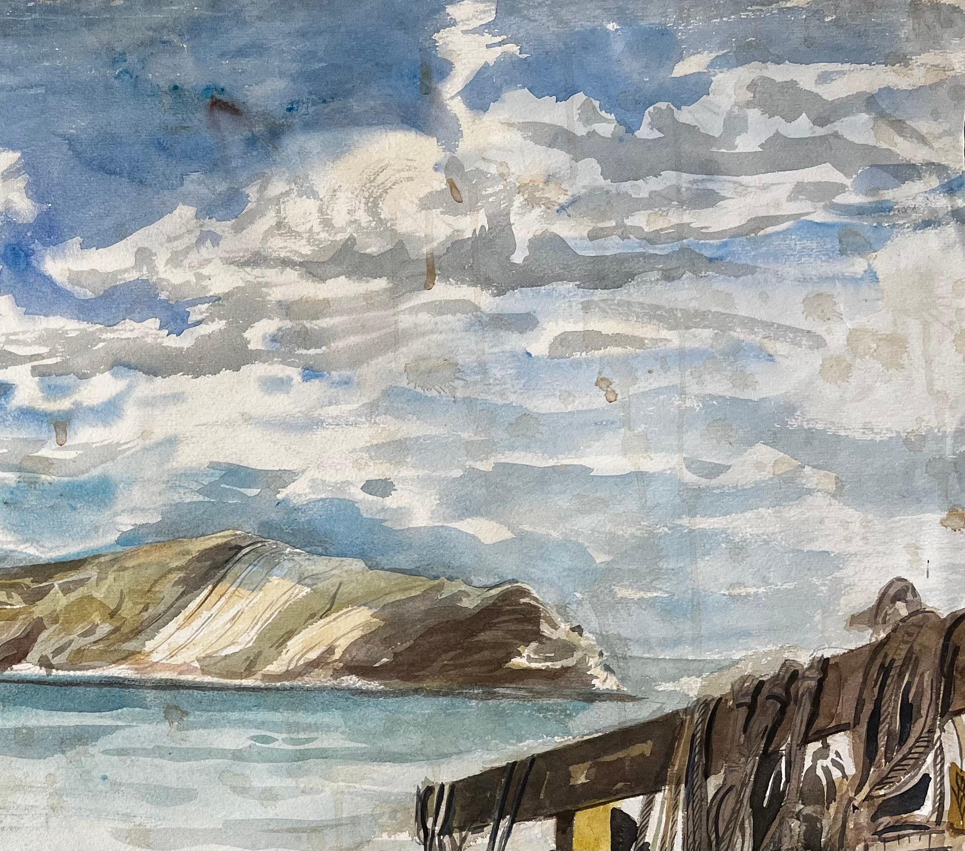 Pots à homards et filets de pêche sur la côte du Dorset 1967 Scène aquarelle côtière en vente 2