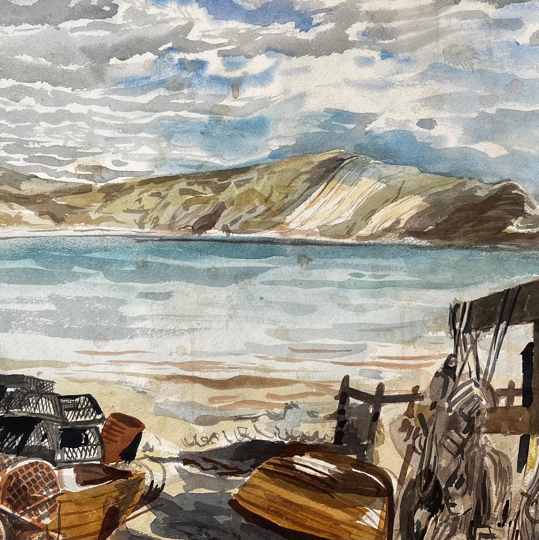 Pots à homards et filets de pêche sur la côte du Dorset 1967 Scène aquarelle côtière en vente 3