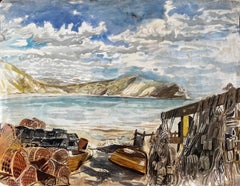 Lobster Pots and Fishing Nets on Dorset Coastline 1967 Coastal Watercolour Scene