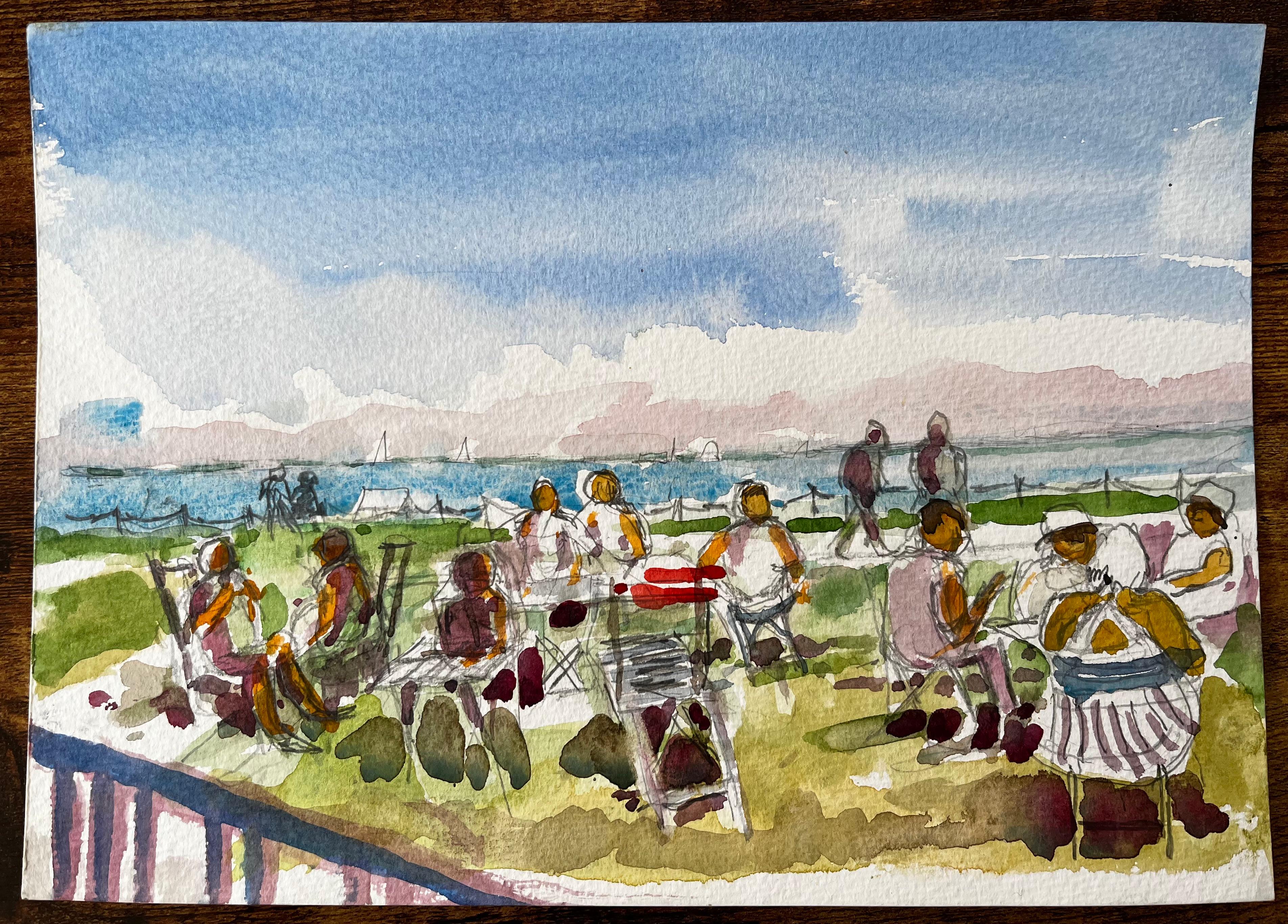 Osborne House Scena sulla spiaggia Isle of Wight 2018 Figure ad acquerello e vista sul mare - Art di John Steane (b.1931)