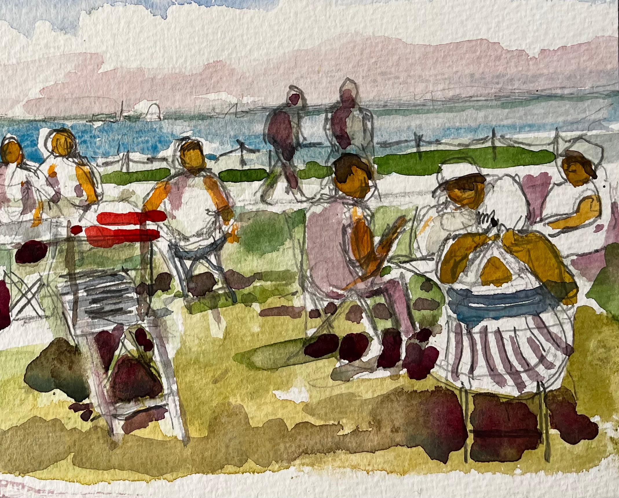 Osborne House Scena sulla spiaggia Isle of Wight 2018 Figure ad acquerello e vista sul mare - Art Impressionismo di John Steane (b.1931)