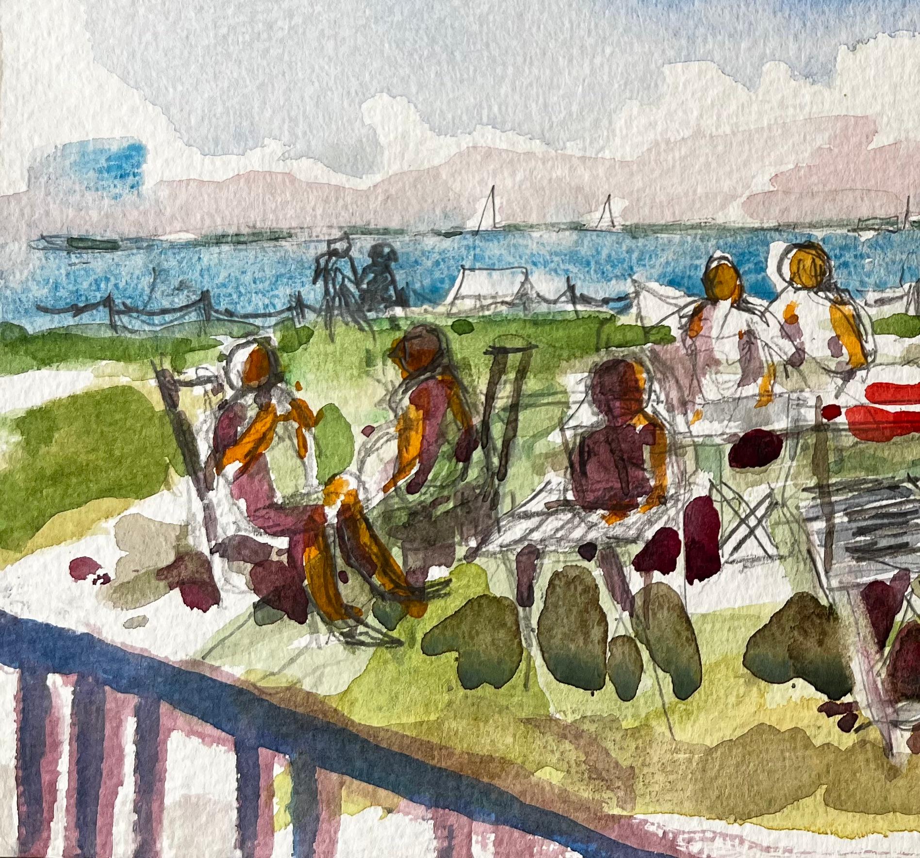 Osborne House Scena sulla spiaggia Isle of Wight 2018 Figure ad acquerello e vista sul mare - Landscape Art Grigio di John Steane (b.1931)