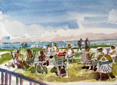 Osborne House Scena sulla spiaggia Isle of Wight 2018 Figure ad acquerello e vista sul mare