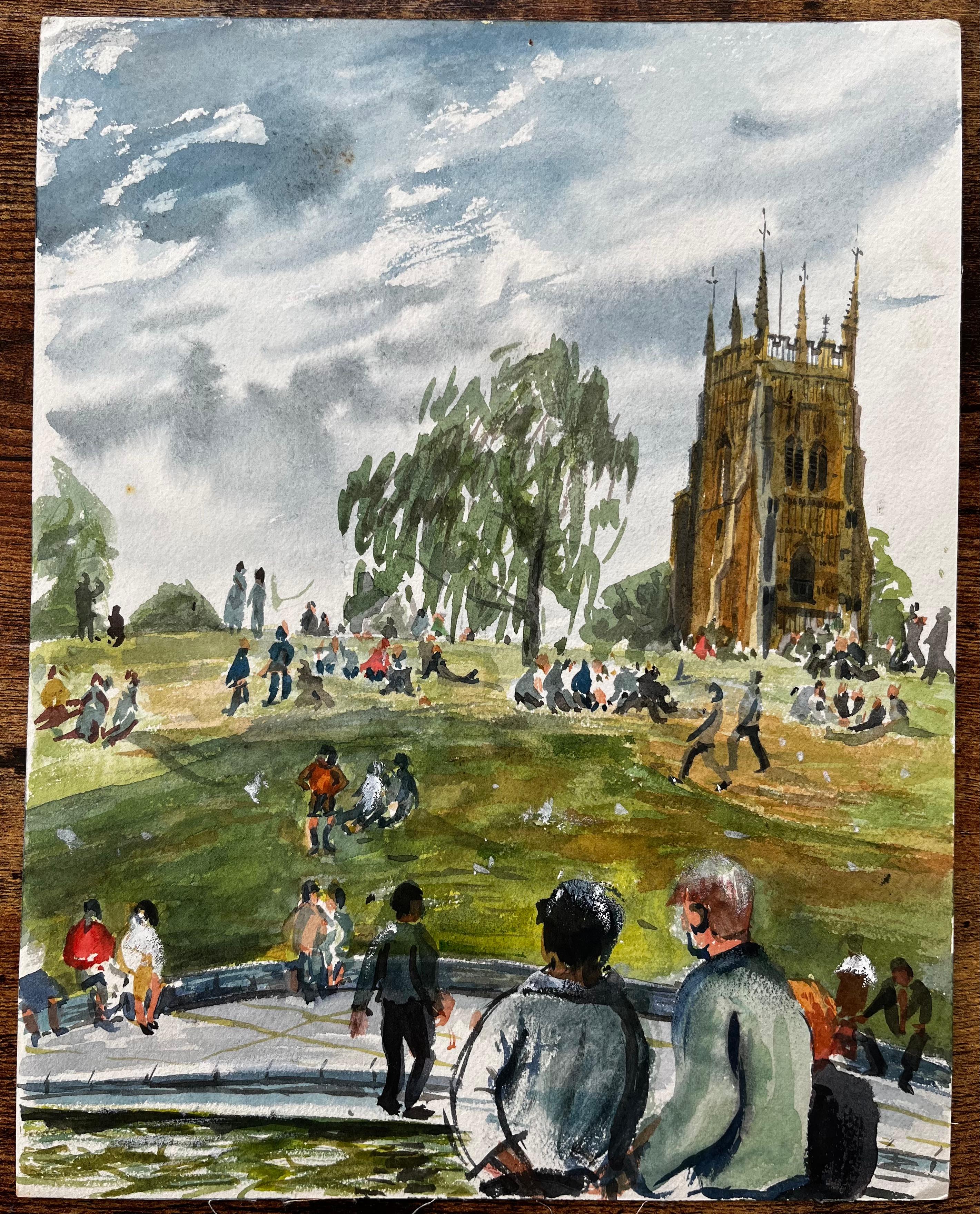 Menschen beim Entspannen auf der Wiese in Evesham mit Blick auf die Church's Britisches Aquarell – Art von John Steane (b.1931)