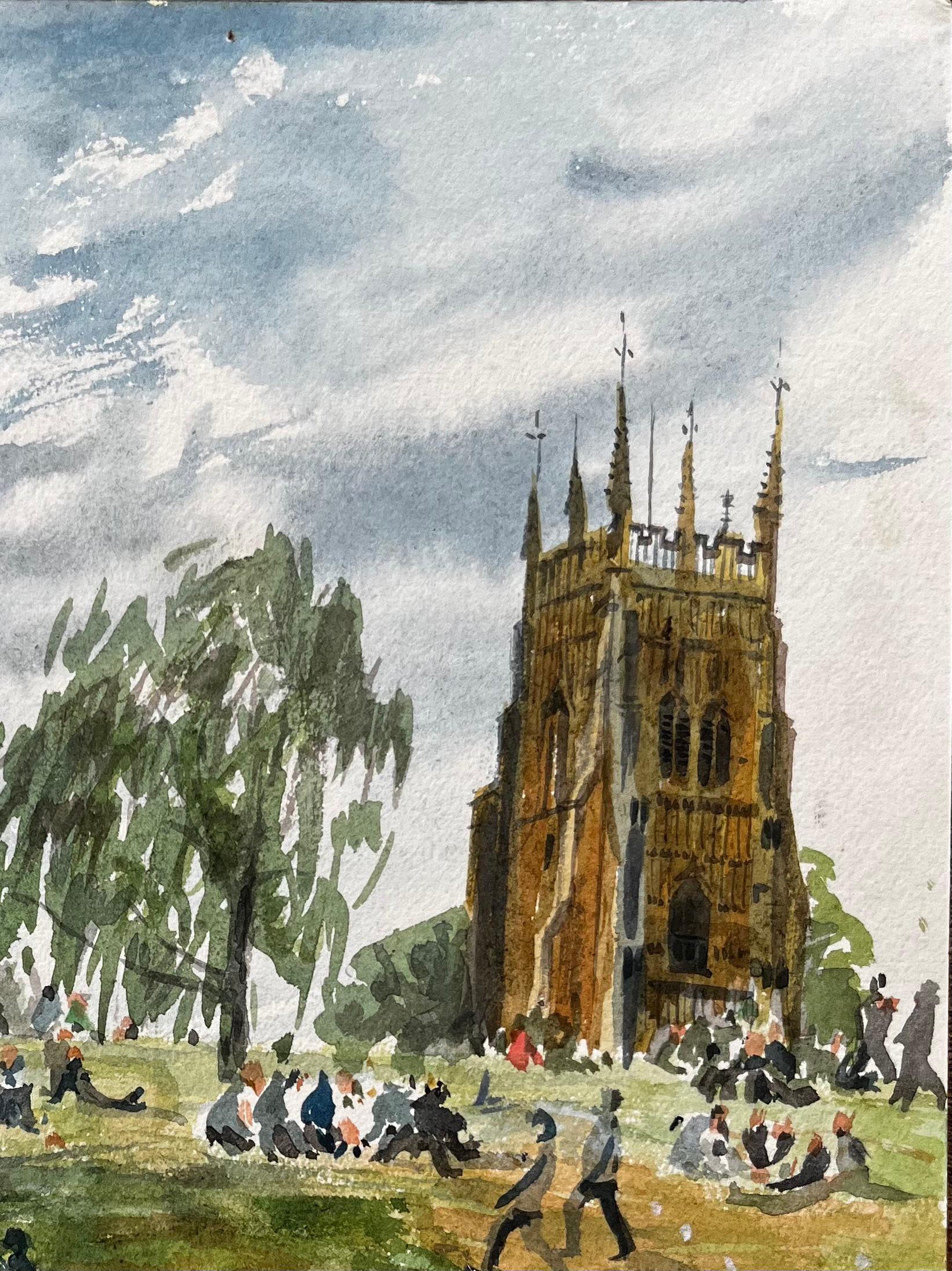 Menschen beim Entspannen auf der Wiese in Evesham mit Blick auf die Church's Britisches Aquarell (Impressionismus), Art, von John Steane (b.1931)