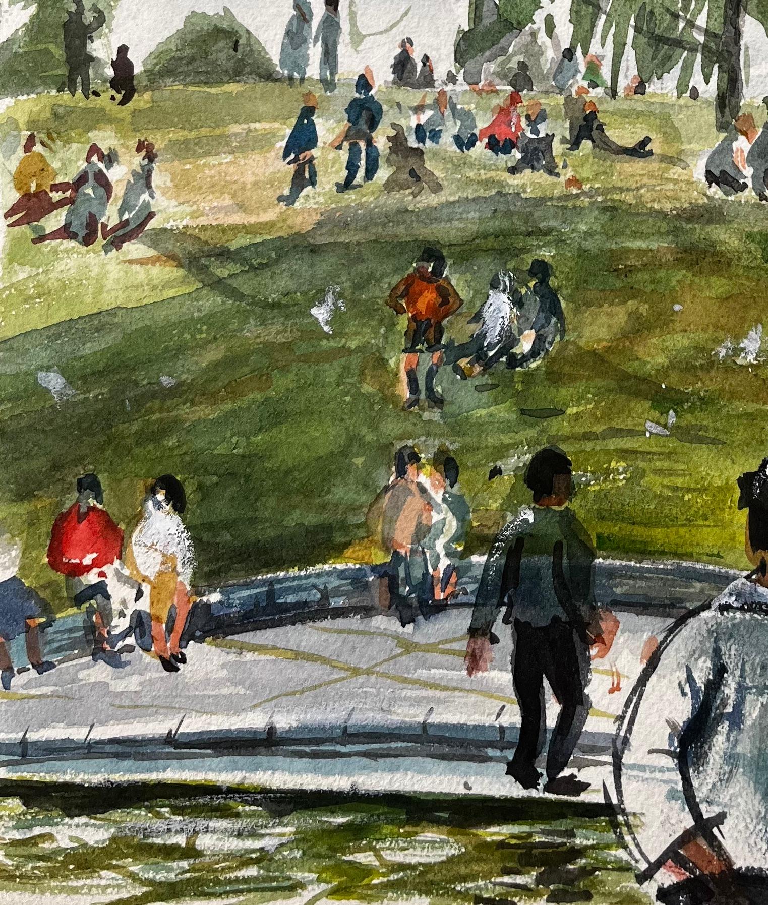 Menschen beim Entspannen auf der Wiese in Evesham mit Blick auf die Church's Britisches Aquarell (Grau), Landscape Art, von John Steane (b.1931)