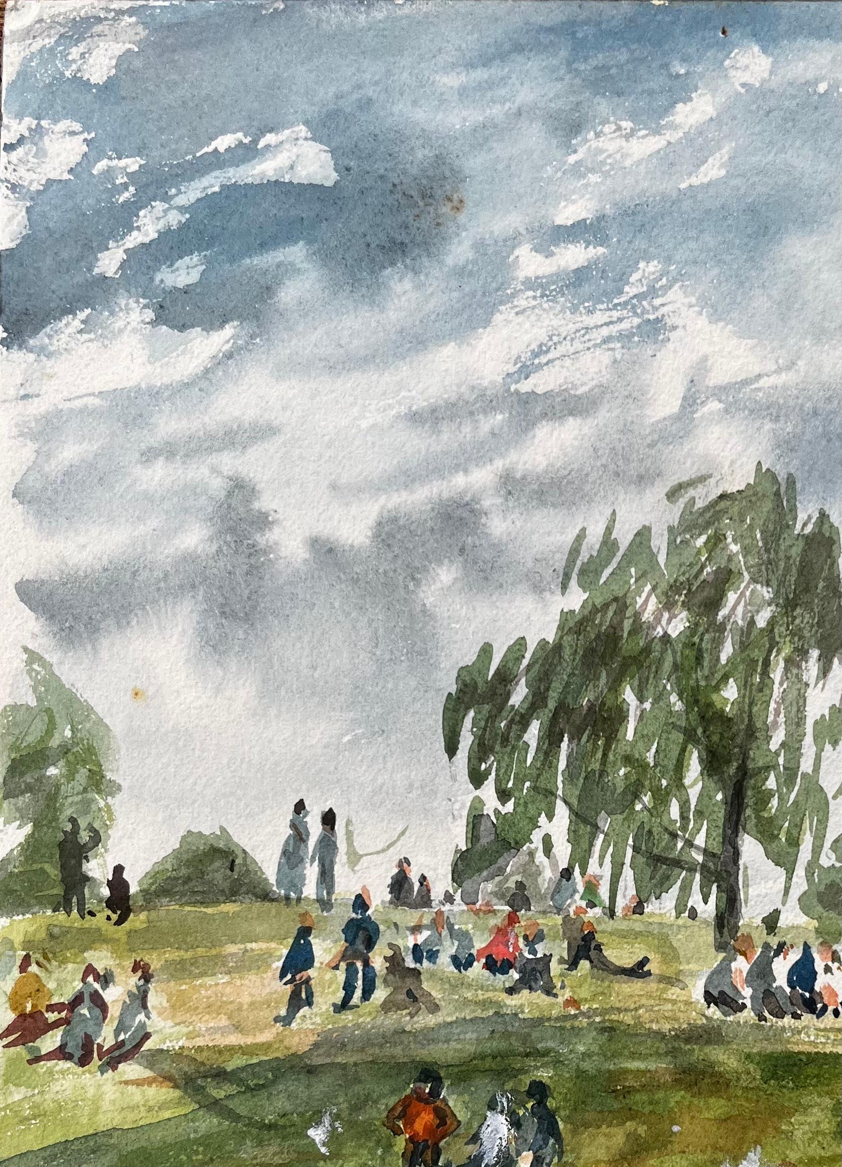 Titel: Menschen auf der Wiese in Evesham mit Blick auf die Church's British Watercolour
von John Steane (geb.1931)
Größe: 11,5 Zoll (Höhe) x 9 Zoll (Breite)
Aquarellmalerei auf Papier, ungerahmt
Zustand: Gut, einige schwache Handhabungsspuren und