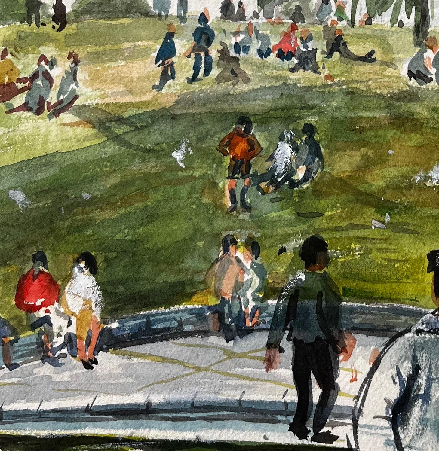 Menschen beim Entspannen auf der Wiese in Evesham mit Blick auf die Church's Britisches Aquarell im Angebot 2