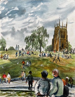 Menschen beim Entspannen auf der Wiese in Evesham mit Blick auf die Church's Britisches Aquarell