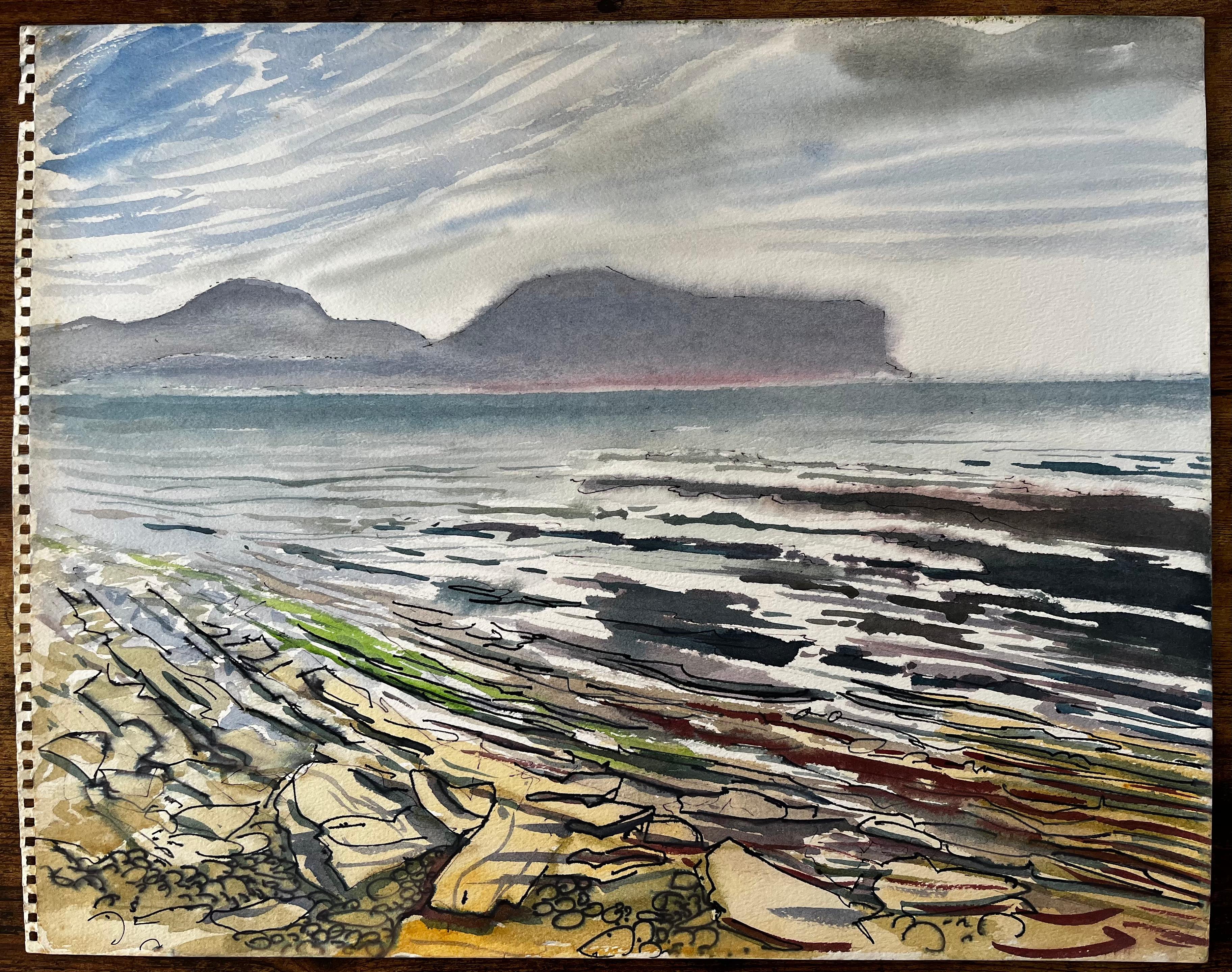 Rocky Shoreline and Misty Mountains Welsh Coast 1985 Seascape Watercolour - Painting by John Steane (b.1931)