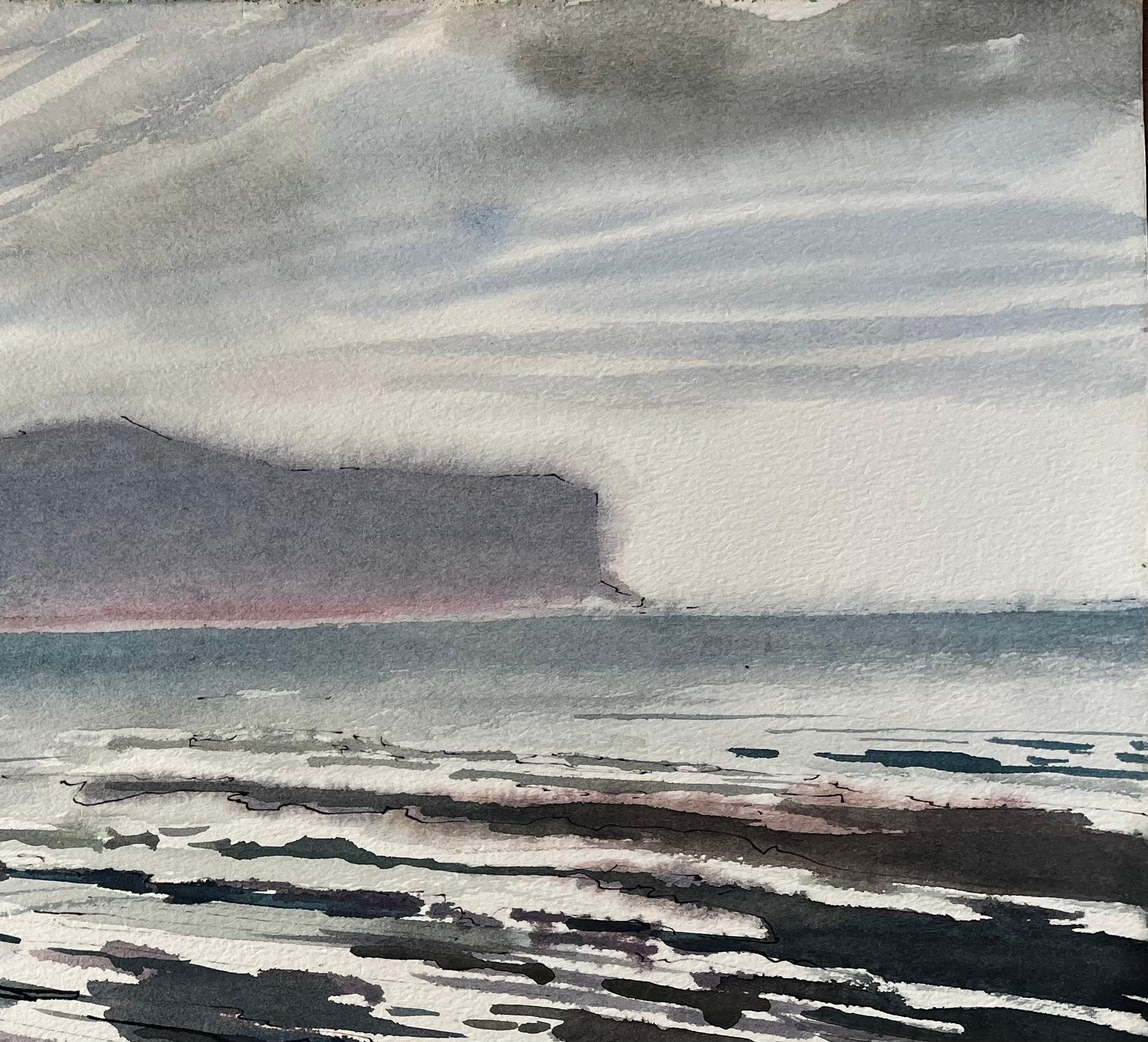 Rocky Shoreline and Misty Mountains Welsh Coast 1985 Seascape Watercolour - Impressionist Painting by John Steane (b.1931)