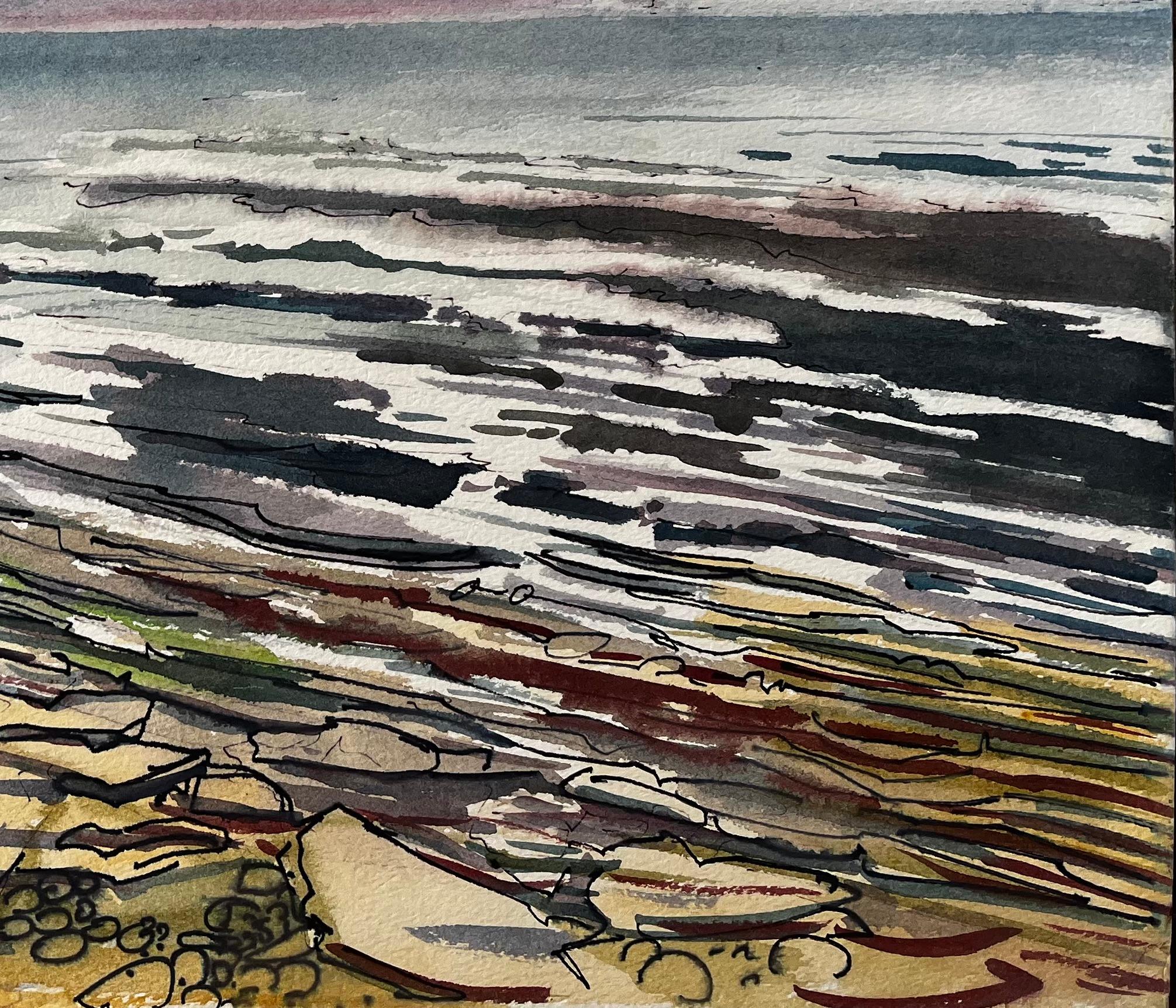 Rocky Shoreline and Misty Mountains Welsh Coast 1985 Seascape Watercolour - Gray Landscape Painting by John Steane (b.1931)