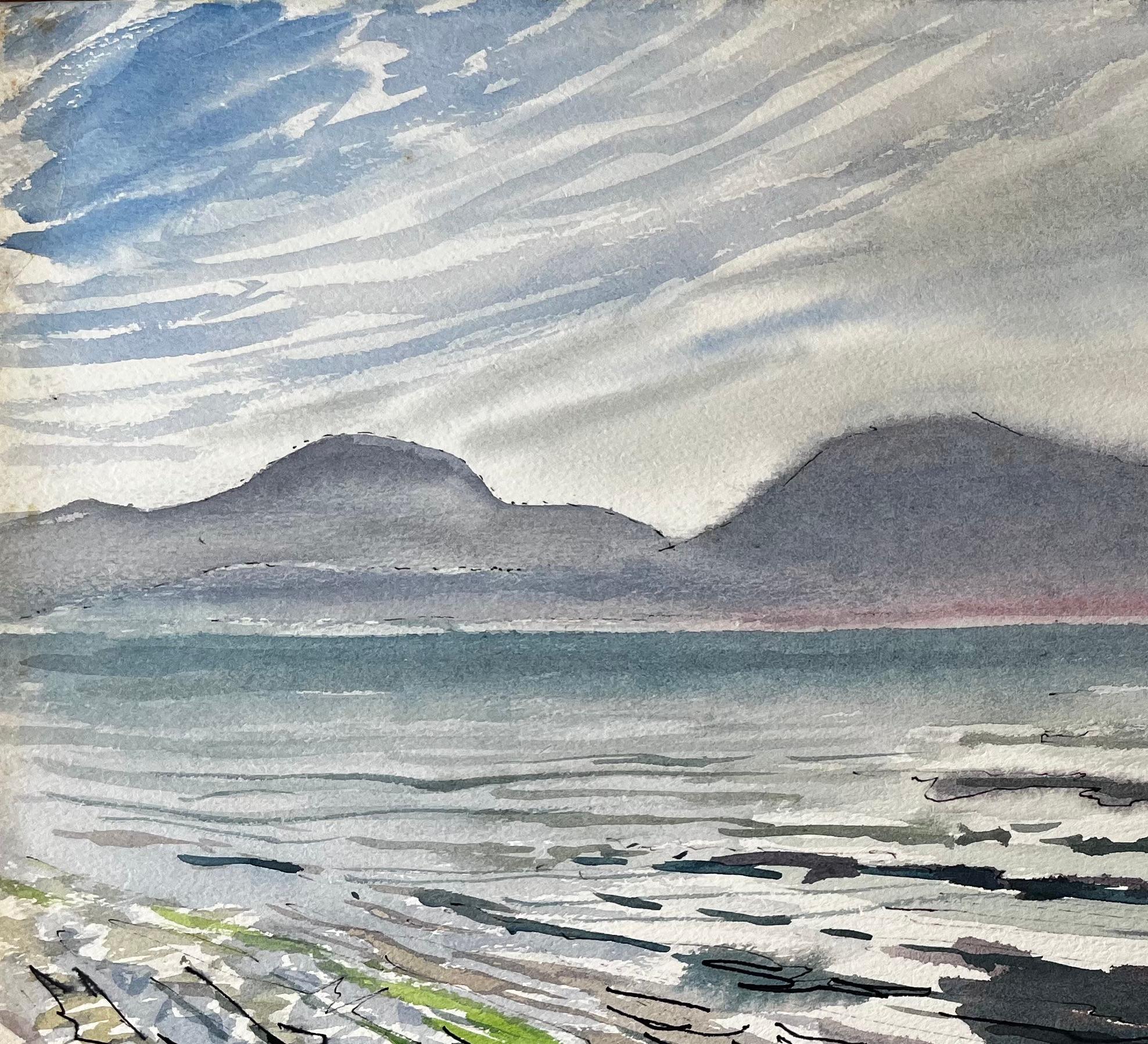 Rocky Shoreline and Misty Mountains Welsh Coast 1985 Seascape Watercolour For Sale 1