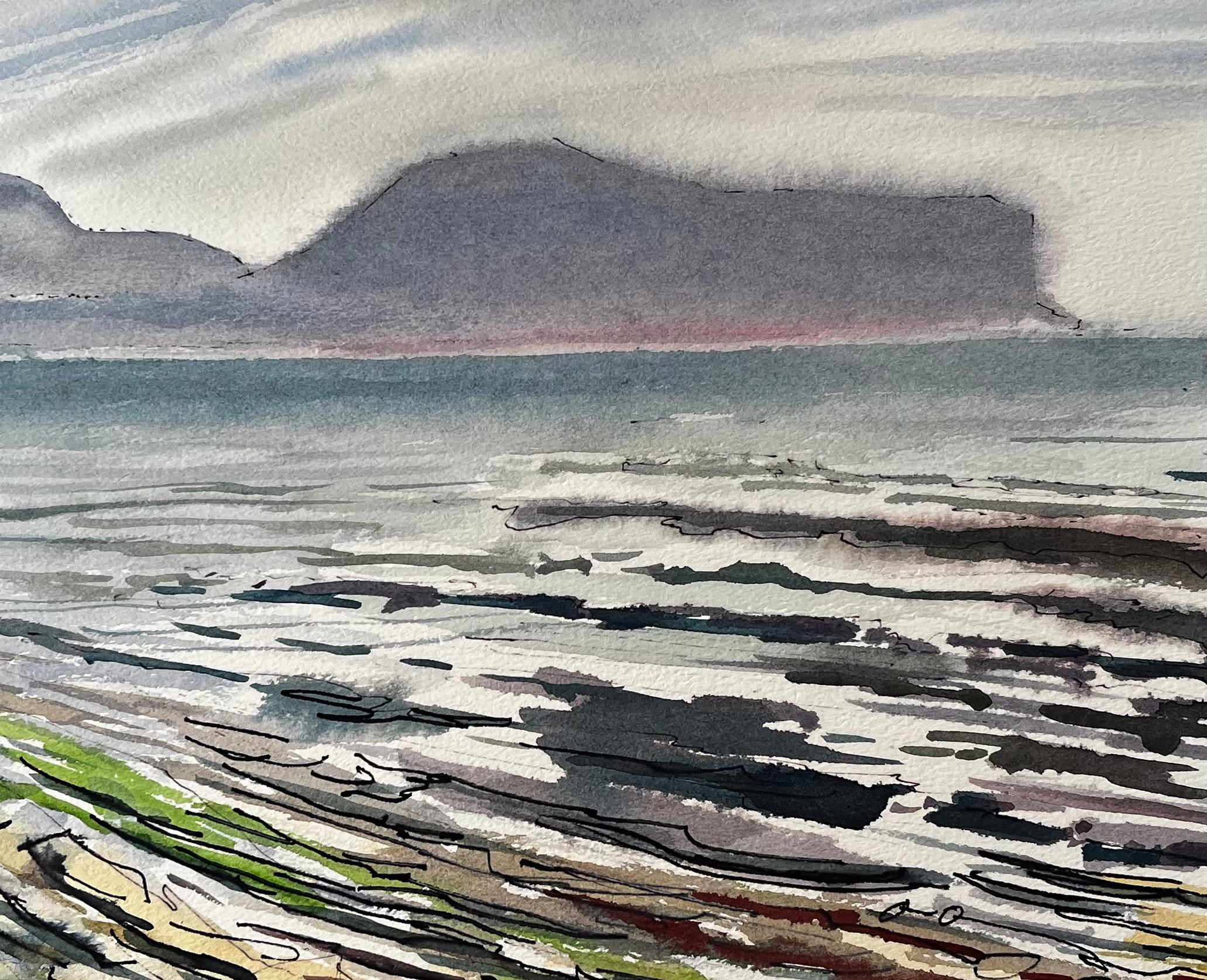 Rocky Shoreline and Misty Mountains Welsh Coast 1985 Seascape Watercolour For Sale 2