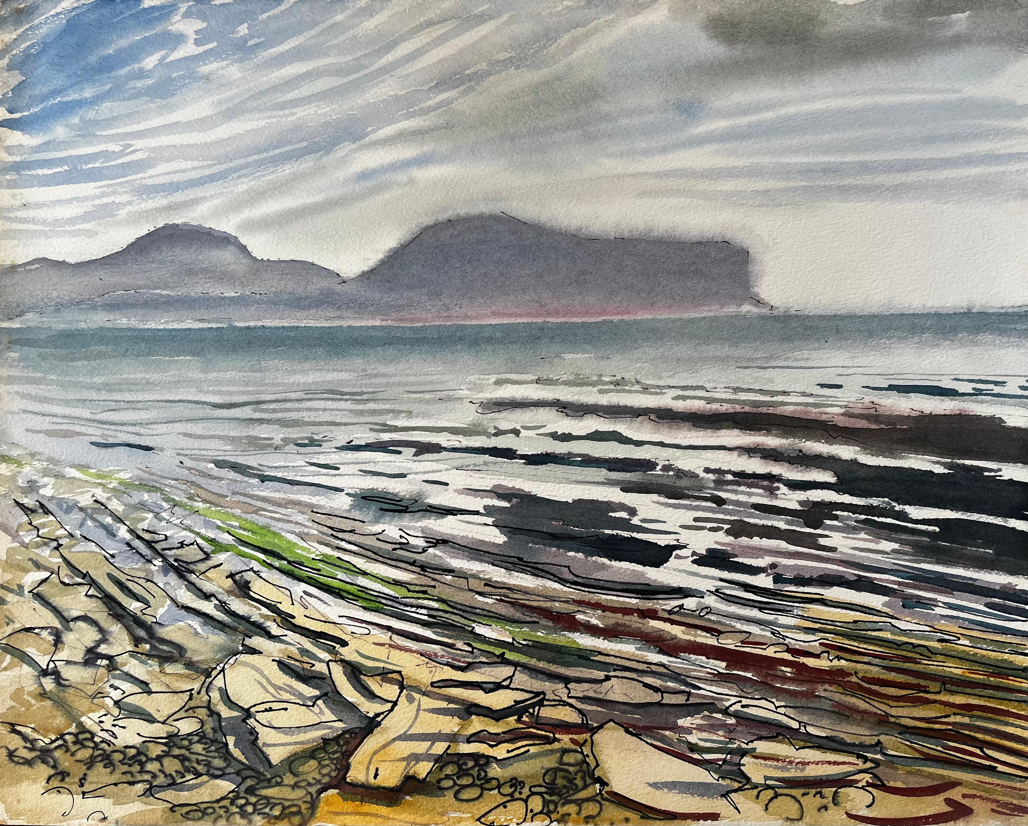 Rocky Shoreline and Misty Mountains Welsh Coast 1985 Seascape Watercolour