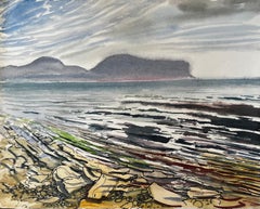 Rocky Shoreline and Misty Mountains Welsh Coast 1985 Seascape Watercolour