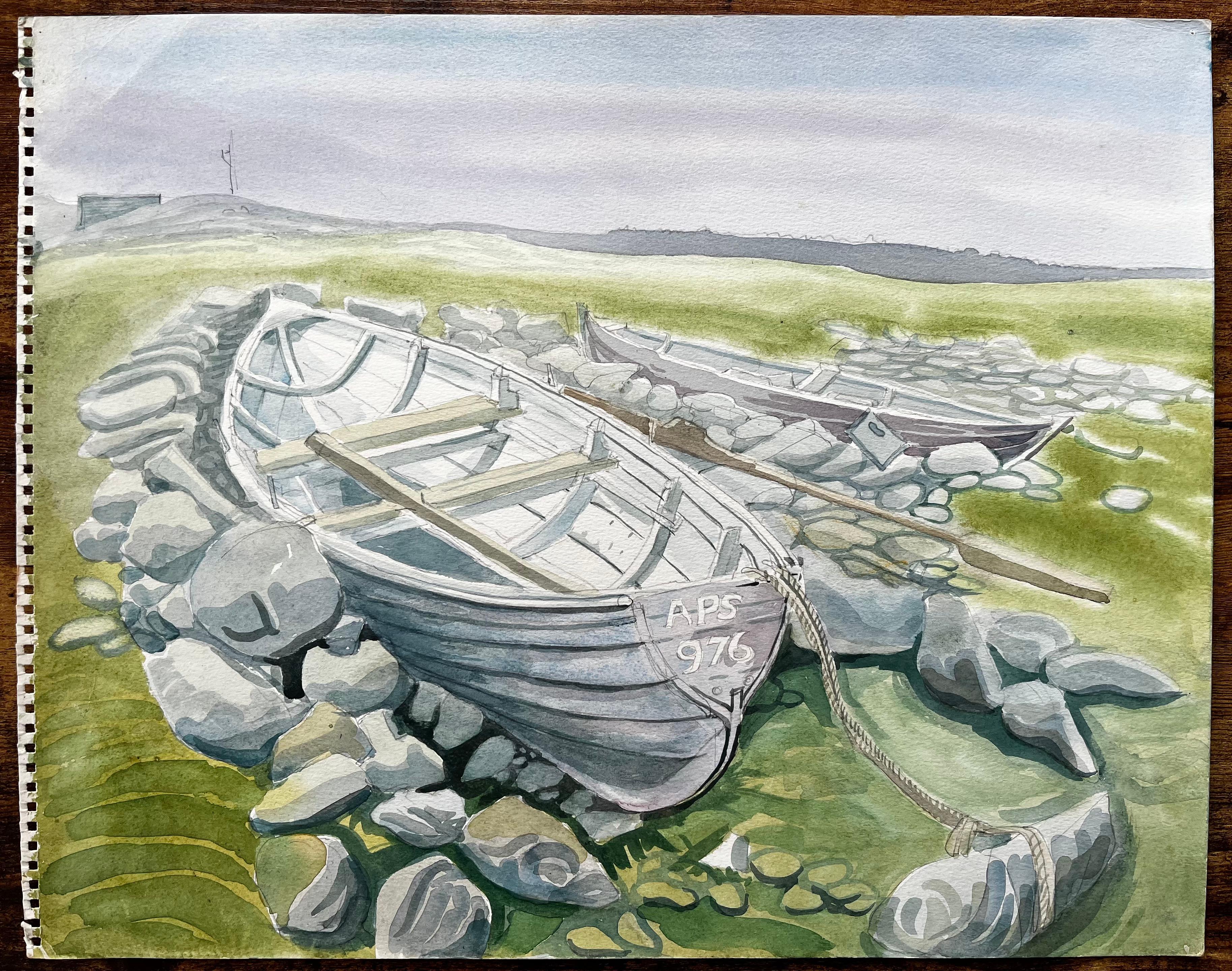 Rowing Boats on Rocky Shore with Grass and Distant Hills by John Steane - Painting by John Steane (b.1931)
