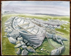 Rowing Boats on Rocky Shore with Grass and Distant Hills by John Steane