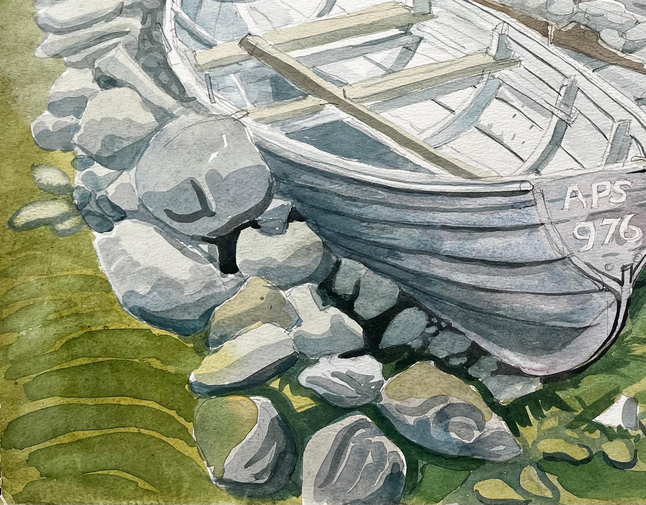 Rowing Boats on Rocky Shore with Grass and Distant Hills by John Steane - Gray Landscape Painting by John Steane (b.1931)