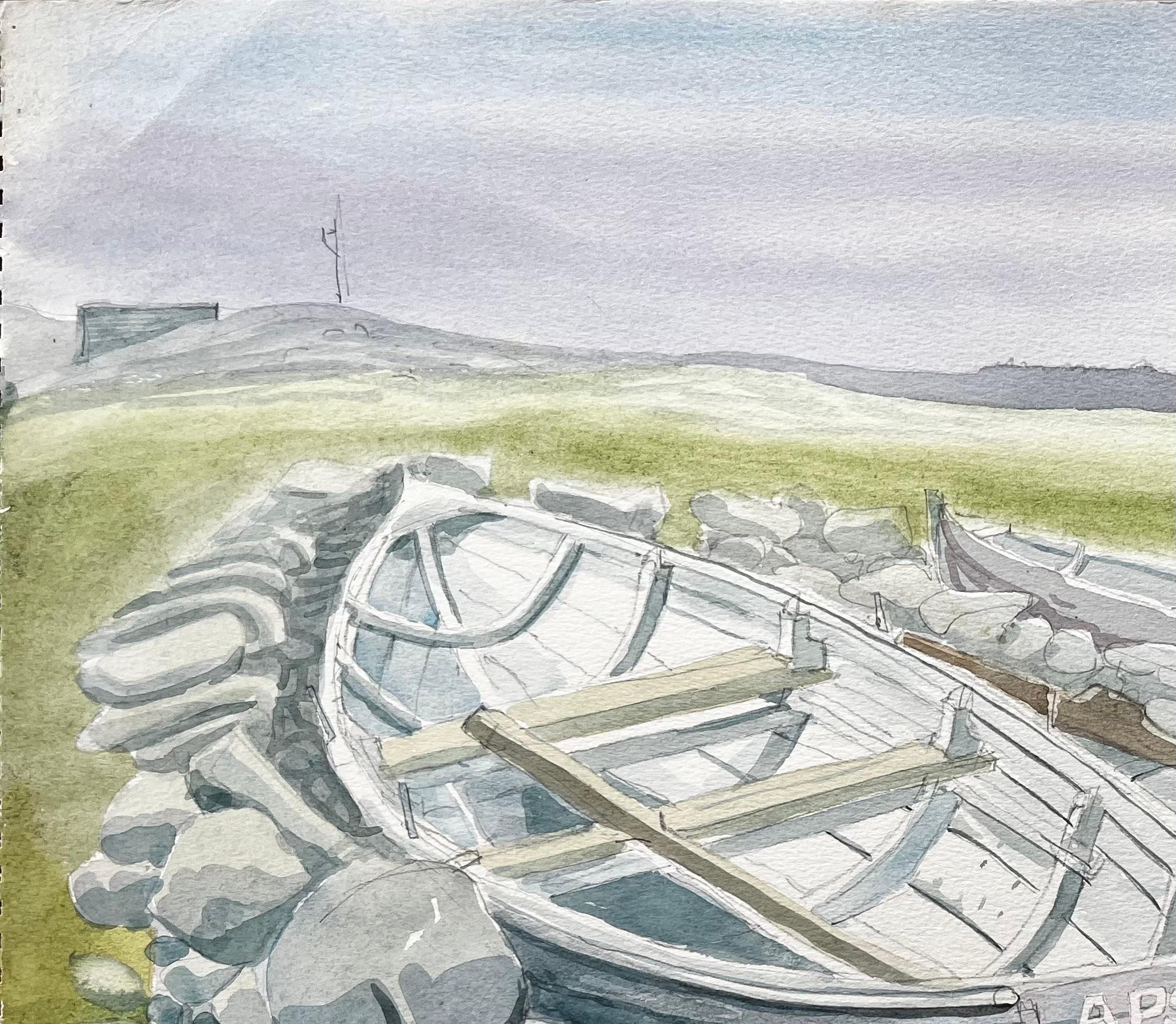 Title: Rowing Boats on Rocky Shore with Grass and Distant Hills by John Steane
by John Steane (b.1931)
Size: 15.75 inches (height) x 20 inches (width)
watercolor painting on paper, unframed
condition: Good, with minor edge wear
Provenance: from a