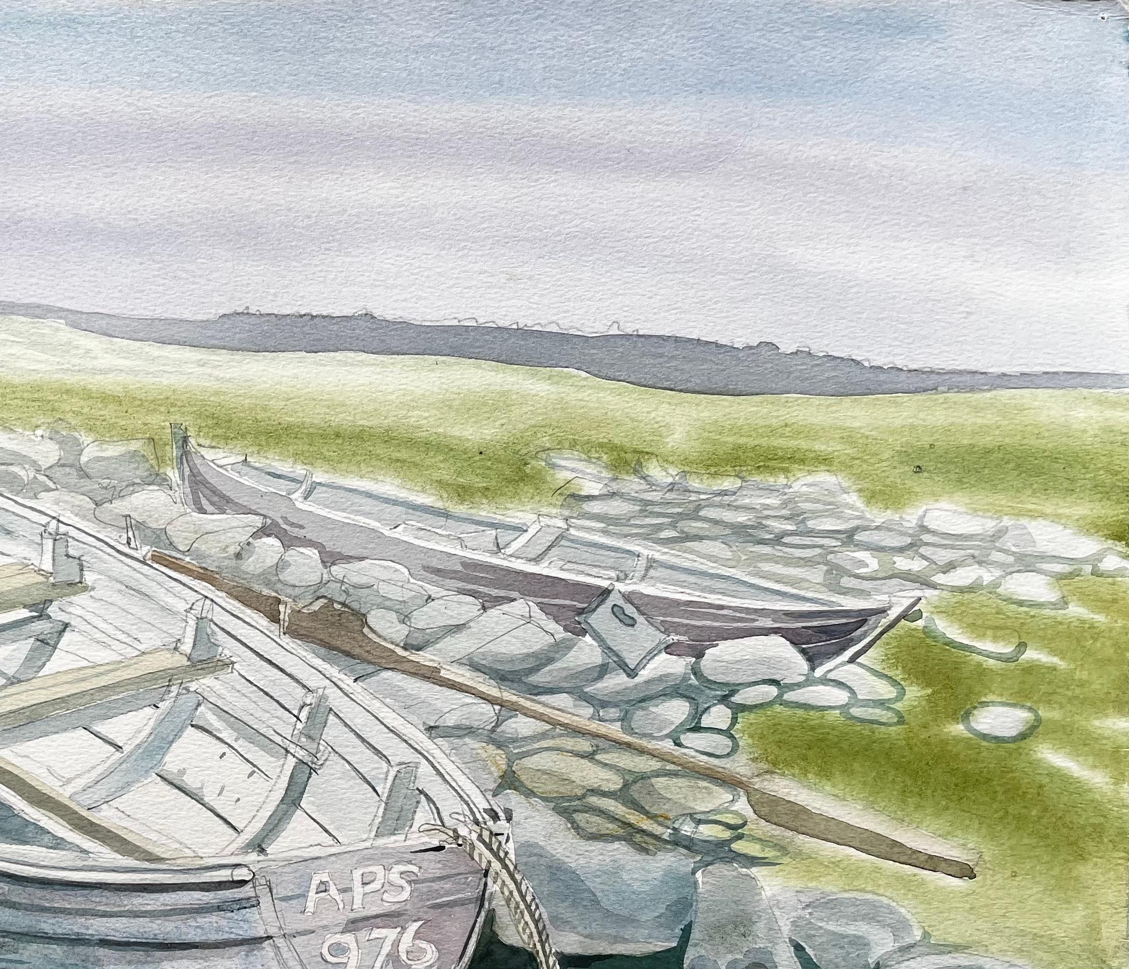 Rowing Boats on Rocky Shore with Grass and Distant Hills by John Steane For Sale 1