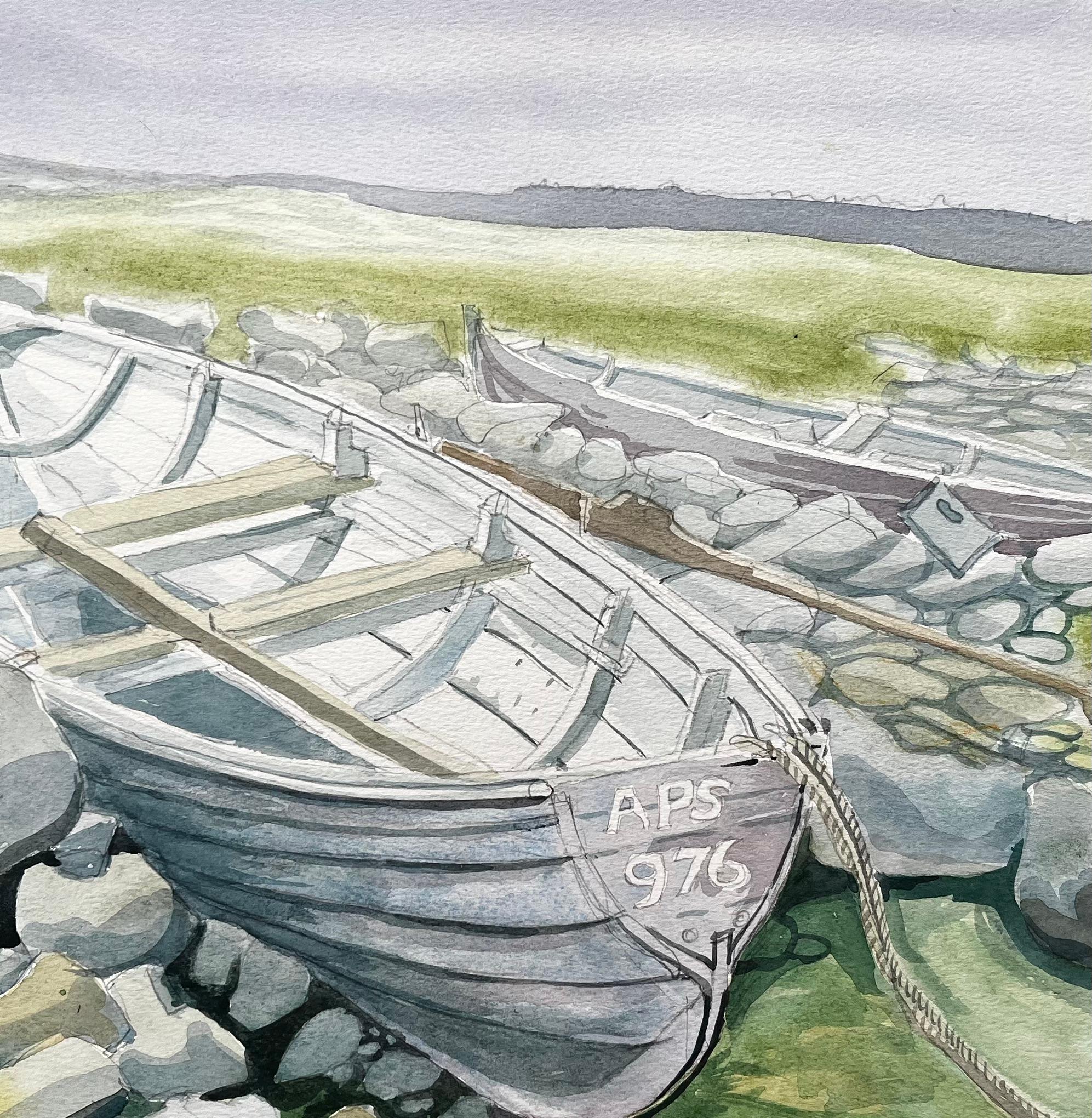 Rowing Boats on Rocky Shore with Grass and Distant Hills by John Steane For Sale 2