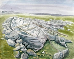 Rowing Boats on Rocky Shore with Grass and Distant Hills by John Steane