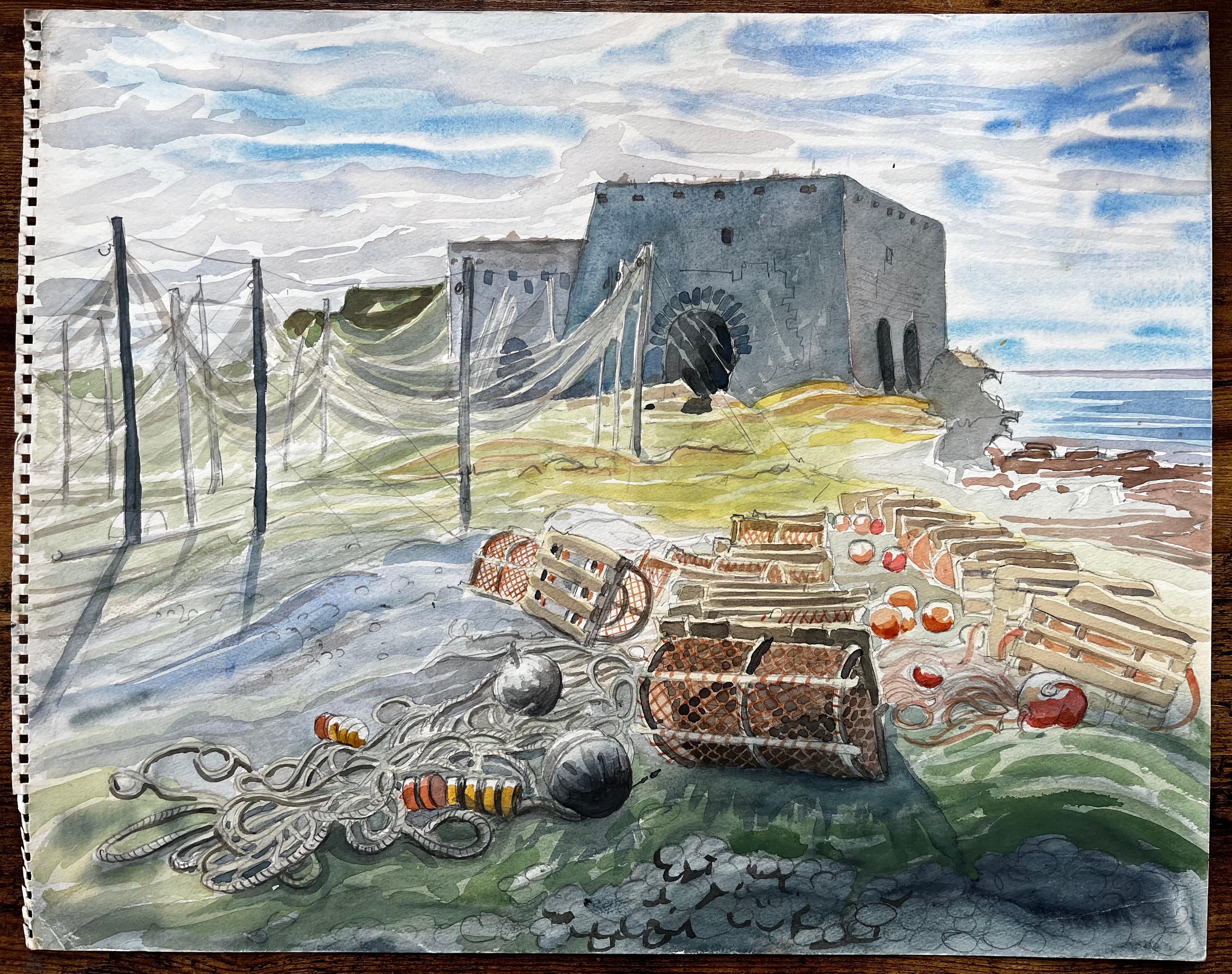 Filets de pêche et casiers à homards des Shetland avec ruine au bord de la mer 1985 Aquarelle - Art de John Steane (b.1931)