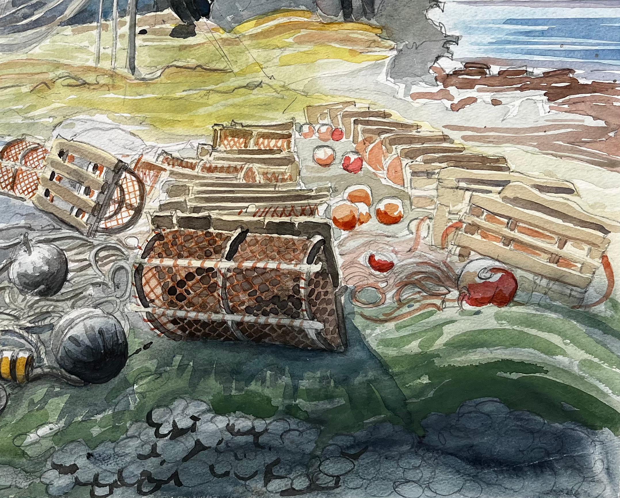 Filets de pêche et casiers à homards des Shetland avec ruine au bord de la mer 1985 Aquarelle - Impressionnisme Art par John Steane (b.1931)