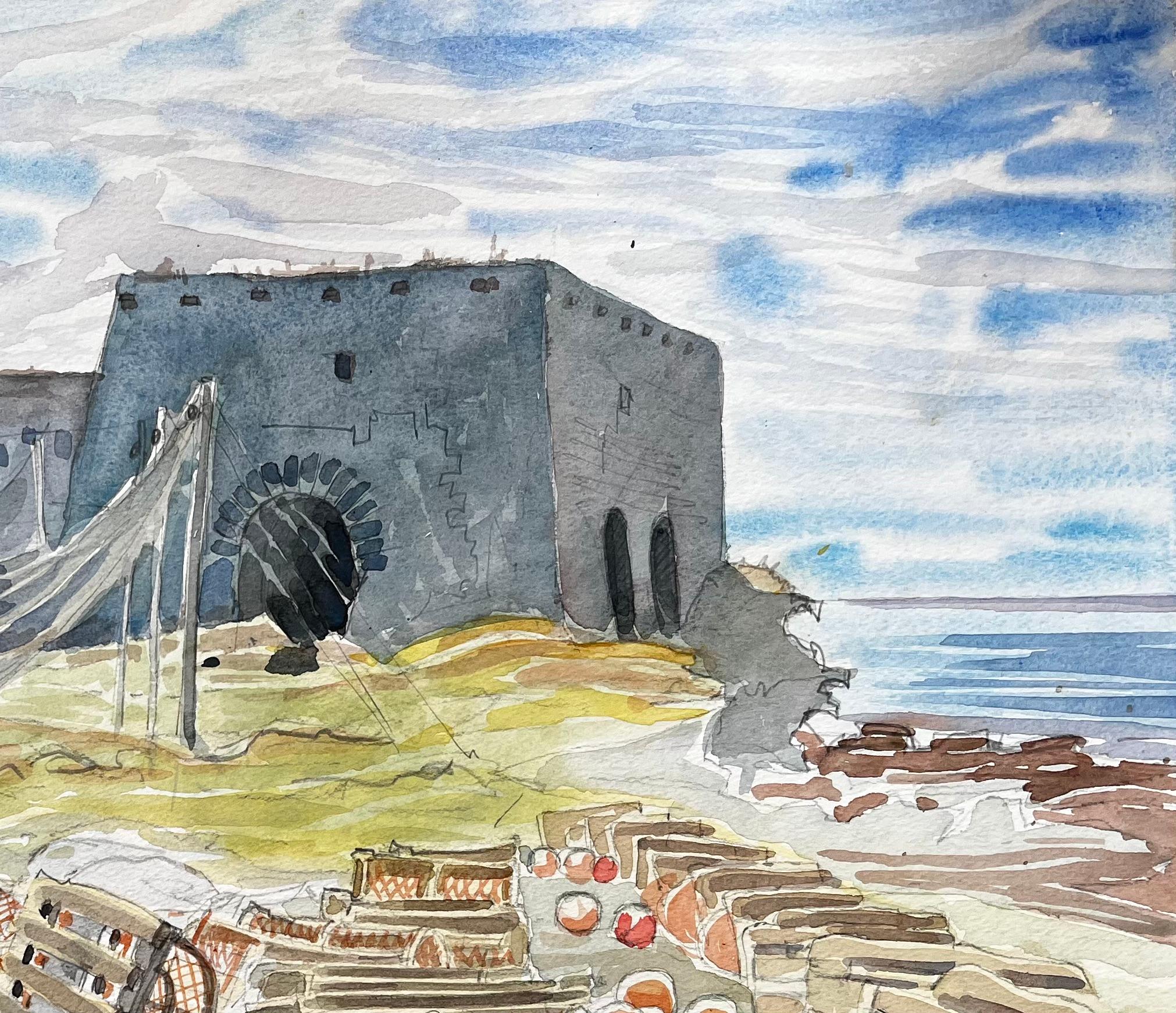Filets de pêche et casiers à homards des Shetland avec ruine au bord de la mer 1985 Aquarelle - Gris Landscape Art par John Steane (b.1931)