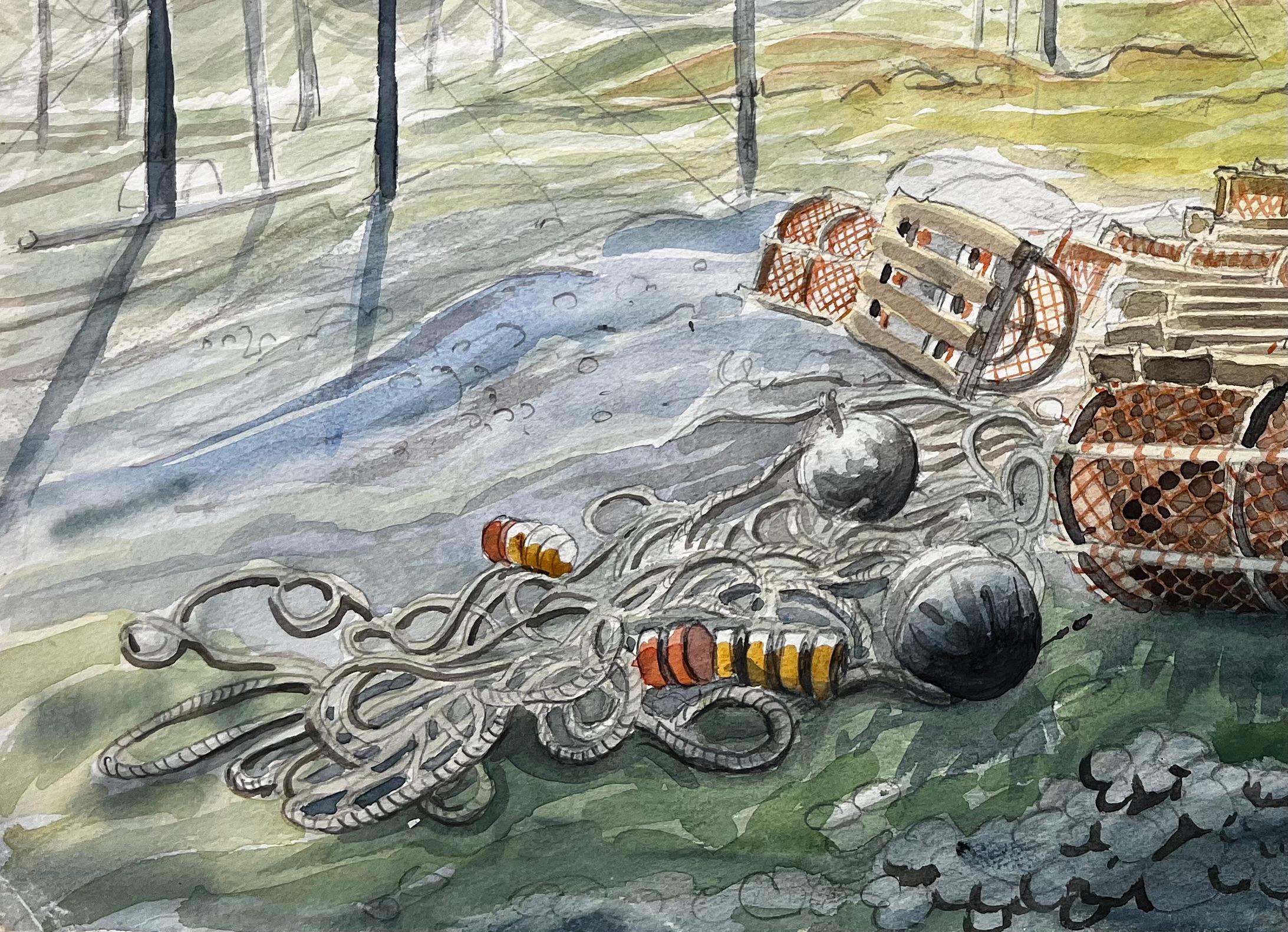Titre : Filets de pêche et casiers à homards des Shetland avec ruine au bord de la mer 1985 Aquarelle
de John Steane (né en 1931)
Dimensions : 15,75 pouces (hauteur) x 20 pouces (largeur), montage compris.
Inscription au verso : 