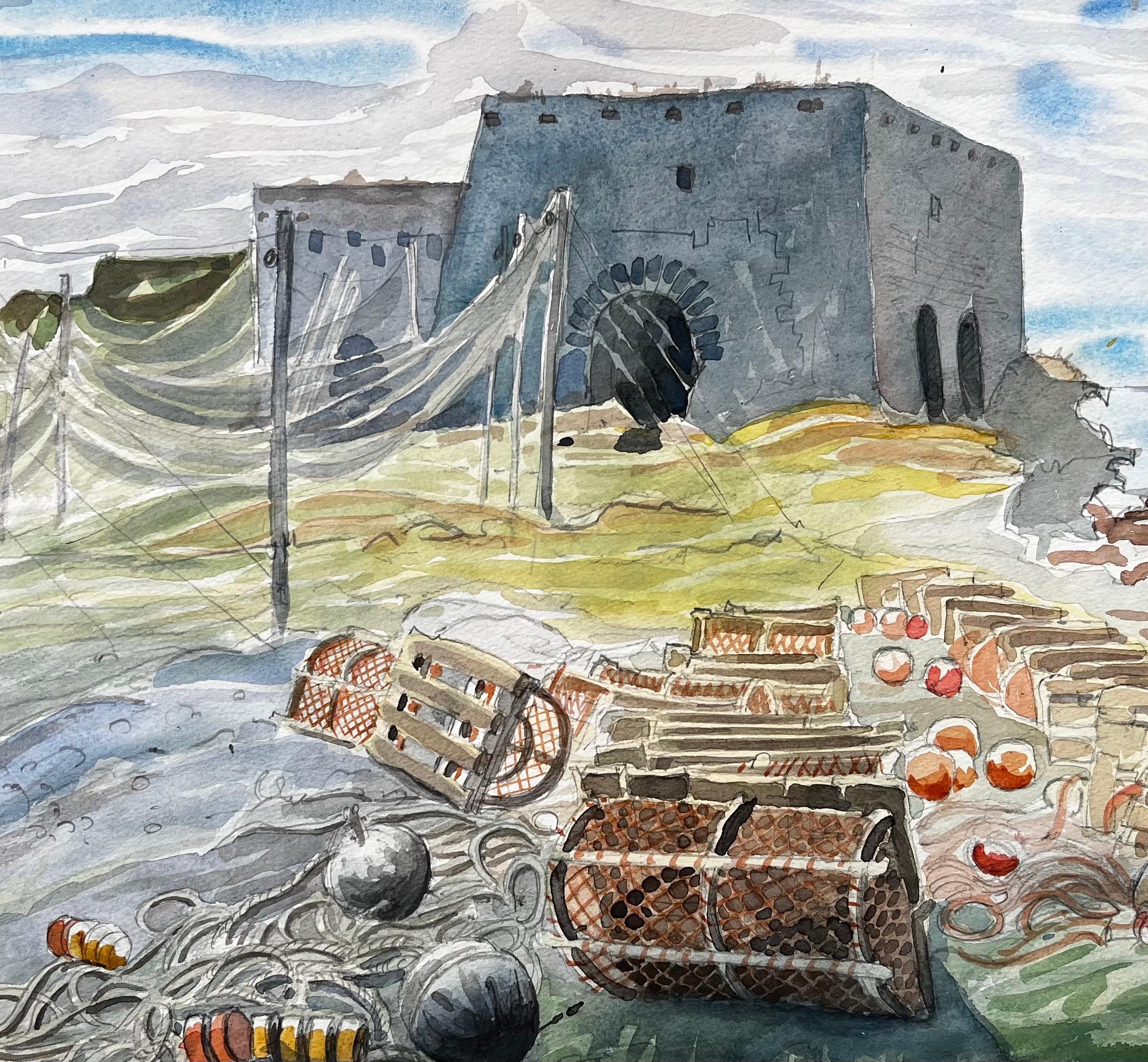 Filets de pêche et casiers à homards des Shetland avec ruine au bord de la mer 1985 Aquarelle en vente 2