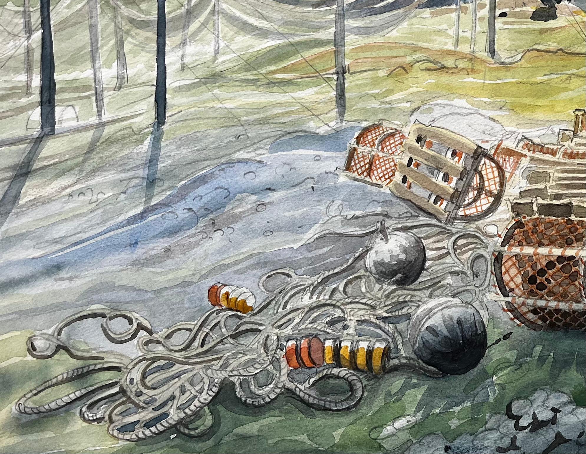 Filets de pêche et casiers à homards des Shetland avec ruine au bord de la mer 1985 Aquarelle en vente 3