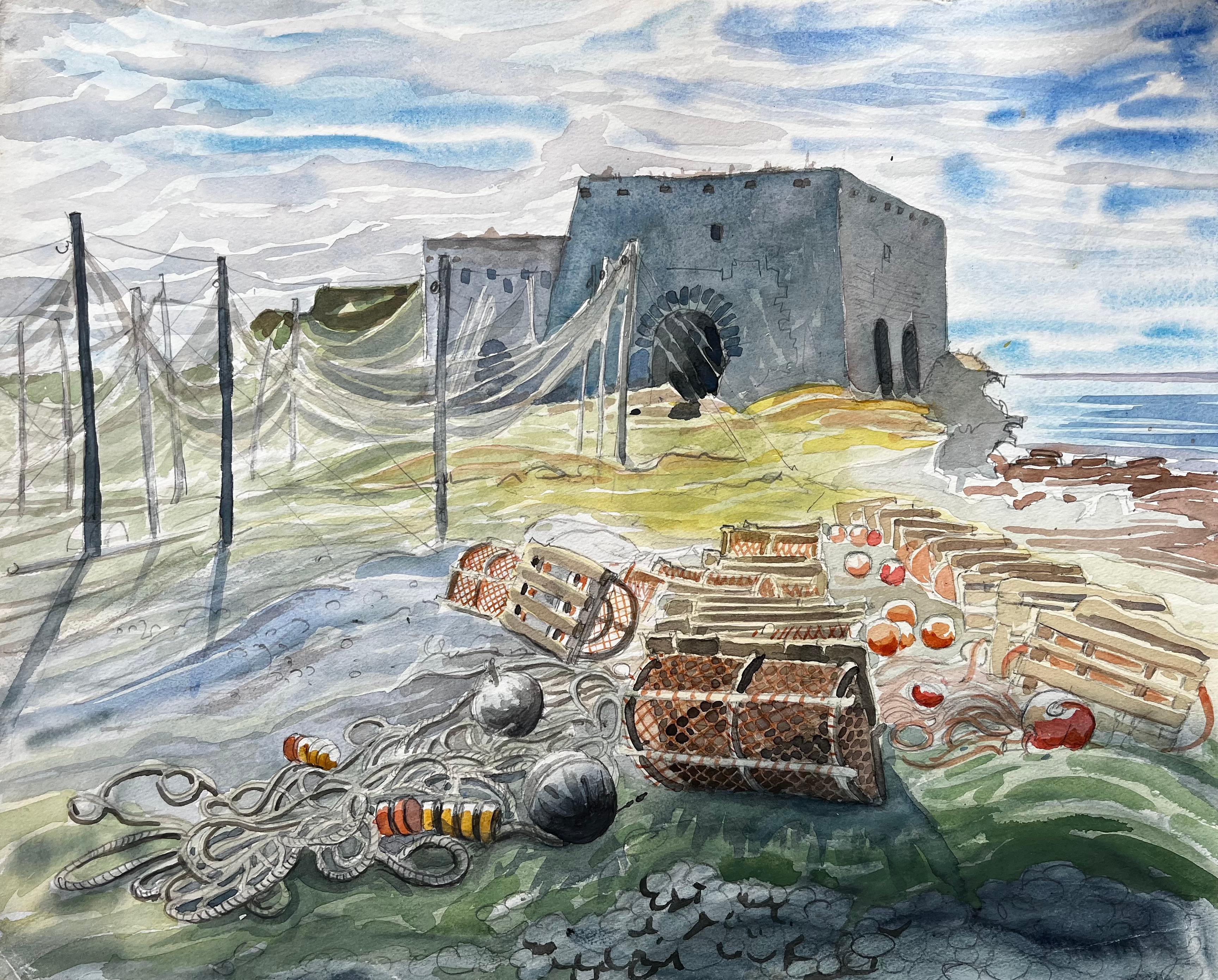 Landscape Art John Steane (b.1931) - Filets de pêche et casiers à homards des Shetland avec ruine au bord de la mer 1985 Aquarelle