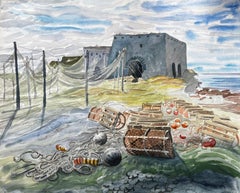 Shetland Fishing Nets and Lobster Pots with Ruin by the Sea 1985 Watercolour