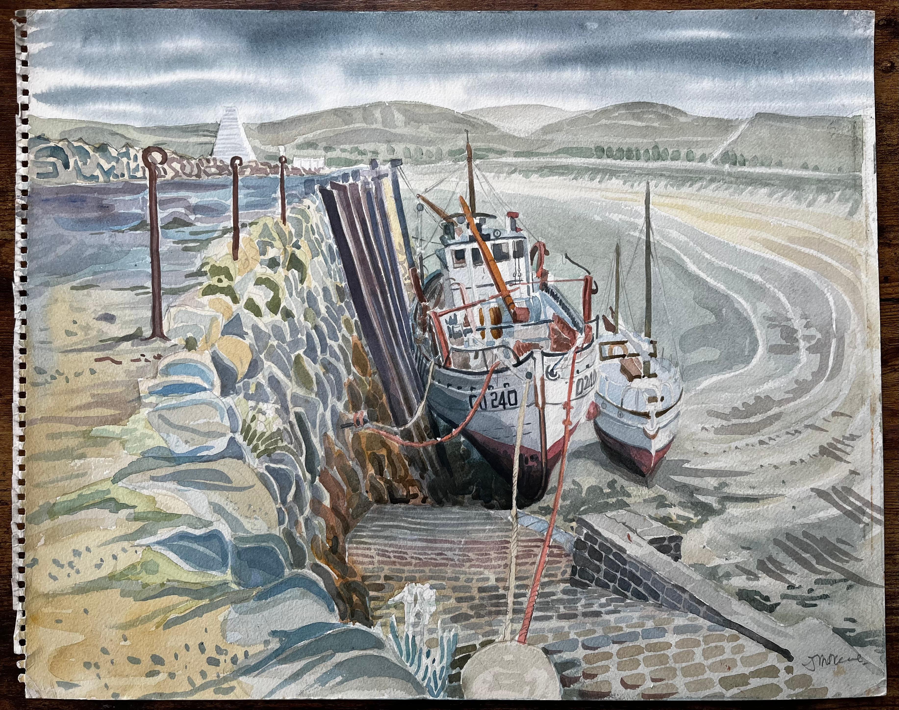 Shetland Harbour Fishing Boats at Low Tide by British Artist John Steane - Painting by John Steane (b.1931)