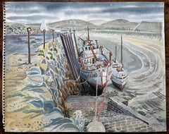 Shetland Harbour Fishing Boats at Low Tide by British Artist John Steane