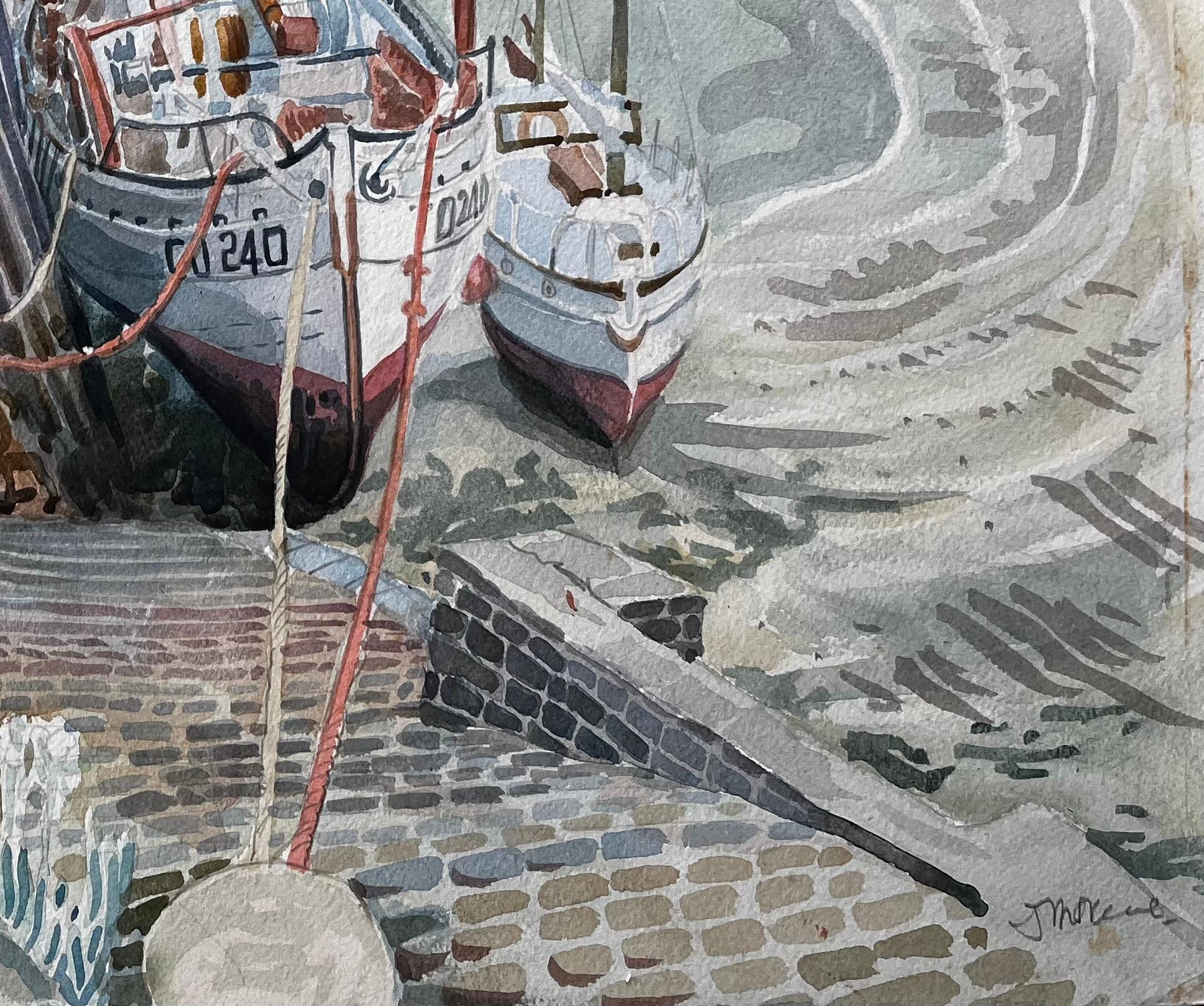 Shetland Harbour Fishing Boats at Low Tide by British Artist John Steane - Impressionist Painting by John Steane (b.1931)