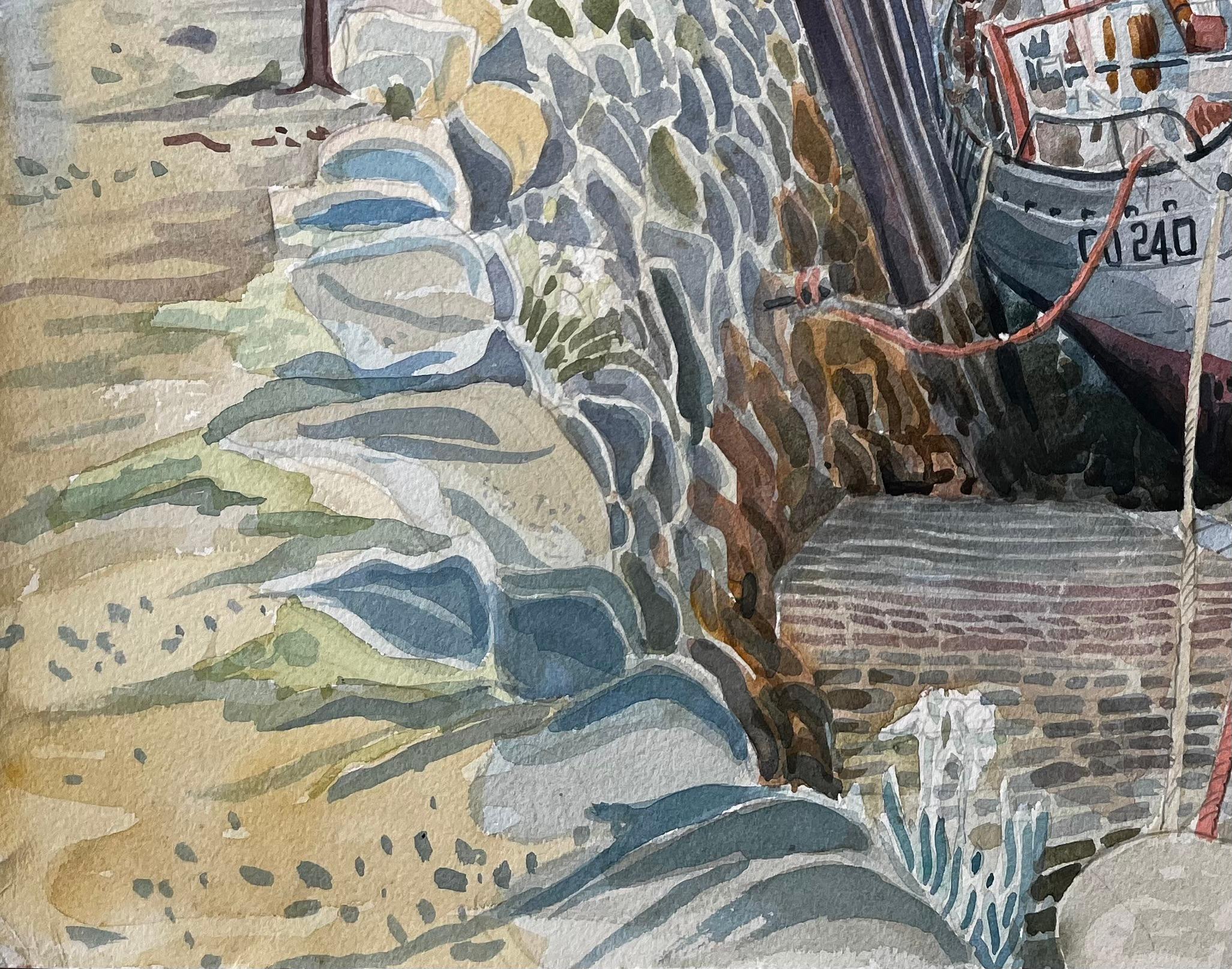 Title: Shetland Harbour Fishing Boats at Low Tide by British Artist John Steane
by John Steane (b.1931)
Signed: Bottom right
Size: 15.75 inches (height) x 20 inches (width)
watercolor painting on paper, unframed
condition: Good, with minor edge