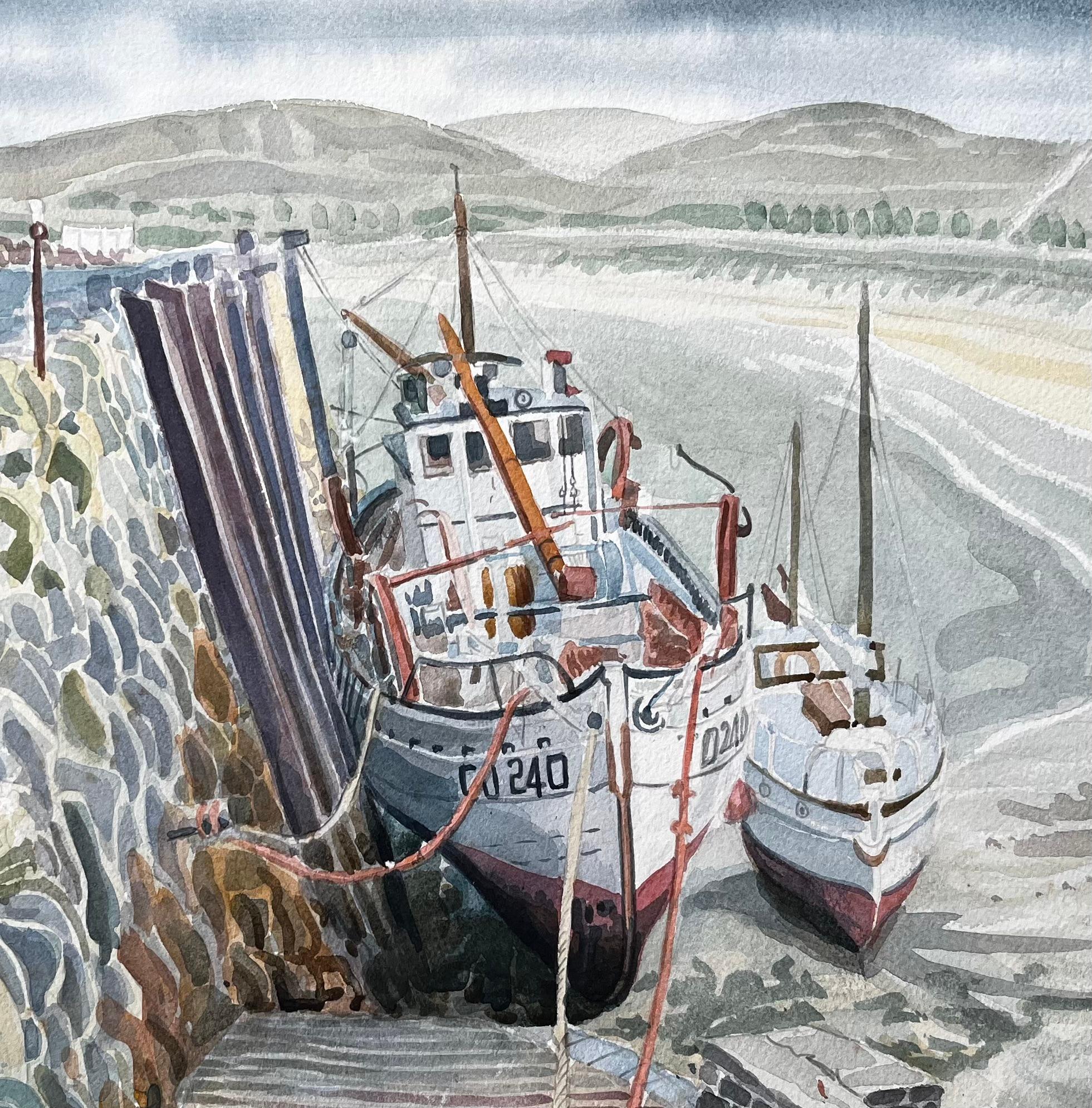 Shetland Harbour Fishing Boats at Low Tide by British Artist John Steane For Sale 1