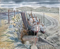 Shetland Harbour Fishing Boats at Low Tide by British Artist John Steane