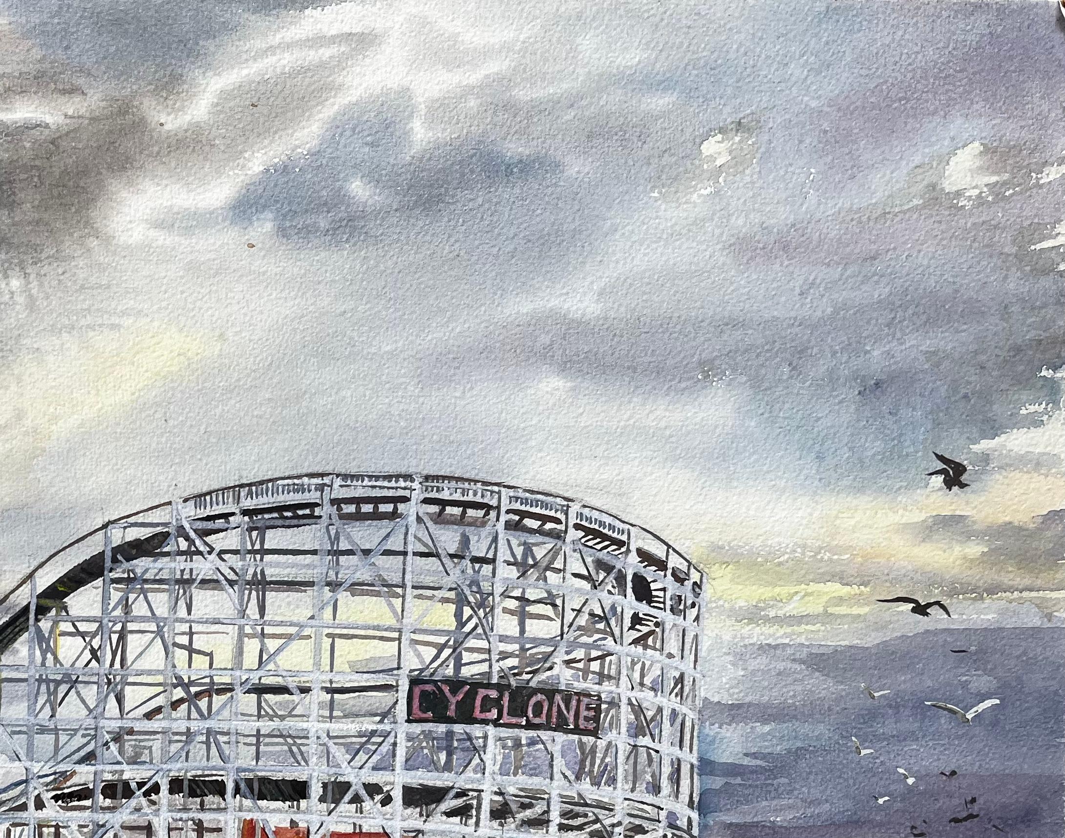 Southport Cyclone Rollercoaster Fairground Scene 1959 by John Steane - Impressionist Painting by John Steane (b.1931)