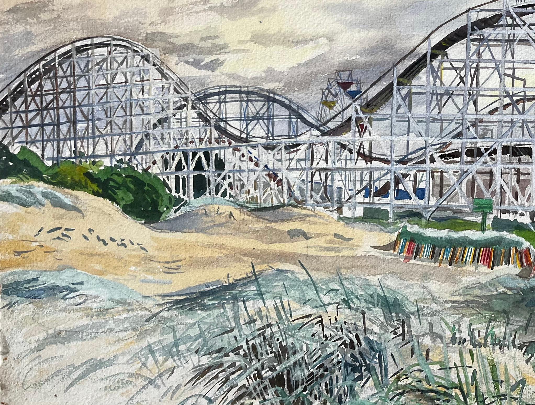 Southport Cyclone Rollercoaster Fairground Scene 1959 by John Steane - Gray Landscape Painting by John Steane (b.1931)