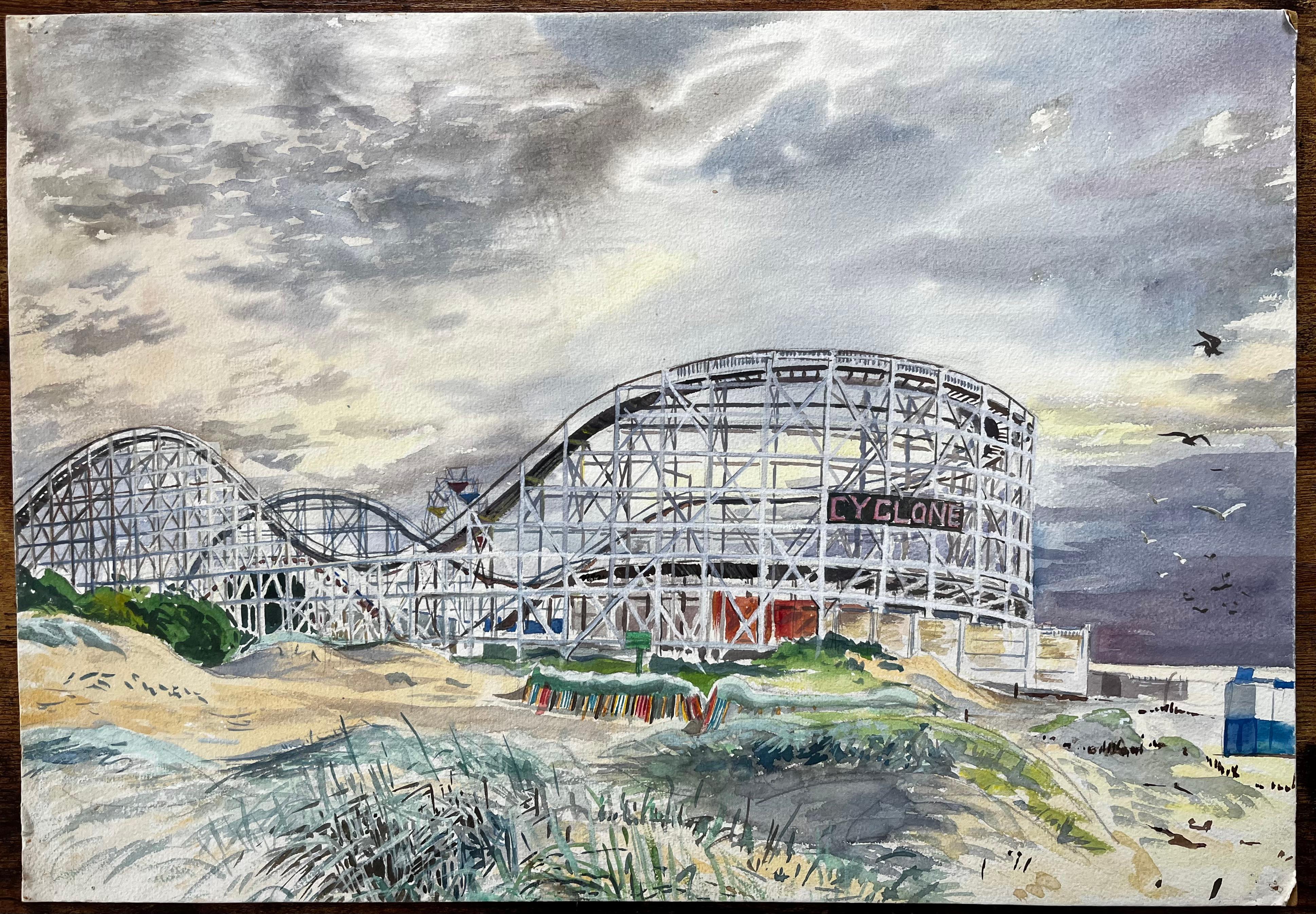 Title: Southport Cyclone Rollercoaster Fairground Scene 1959 by John Steane
by John Steane (b.1931)
Size: 14.75 inches (height) x 21.25 inches (width)
watercolor painting on board, unframed
condition: Good, with minor edge wear
Provenance: from a